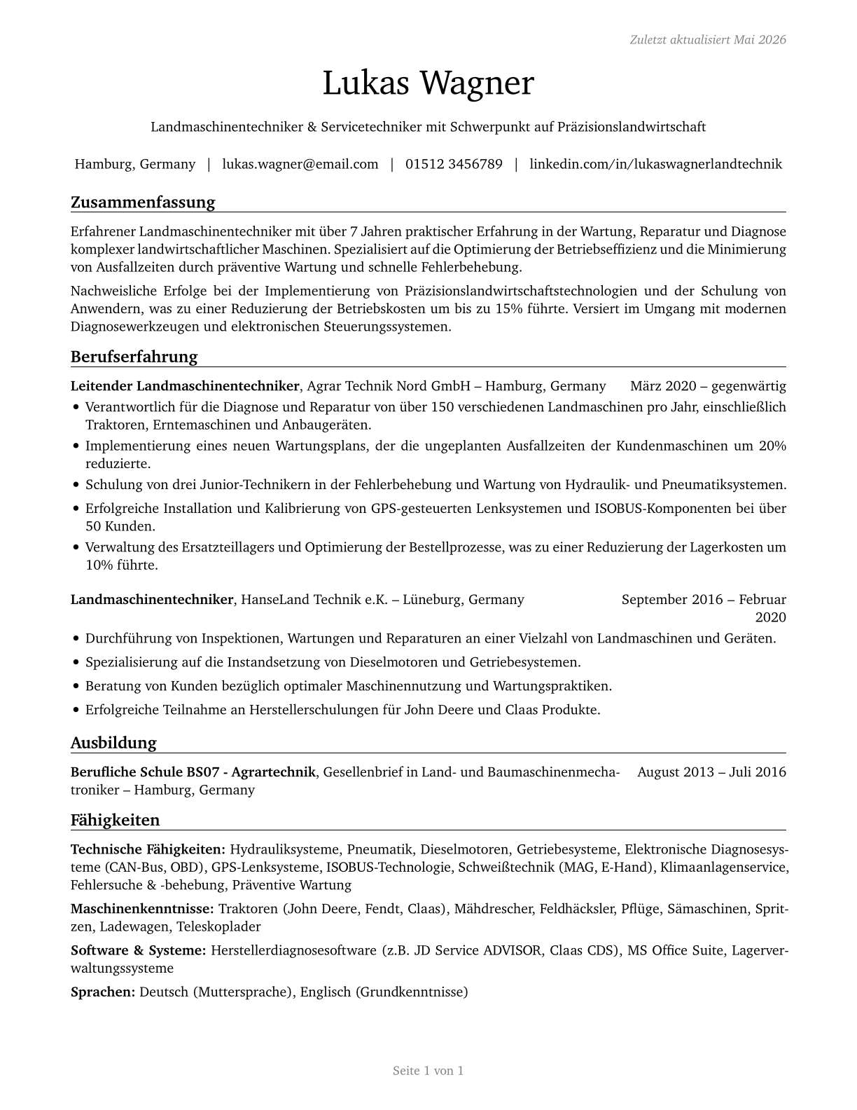 Farm Equipment Mechanics and Service Technicians CV in German — page 1