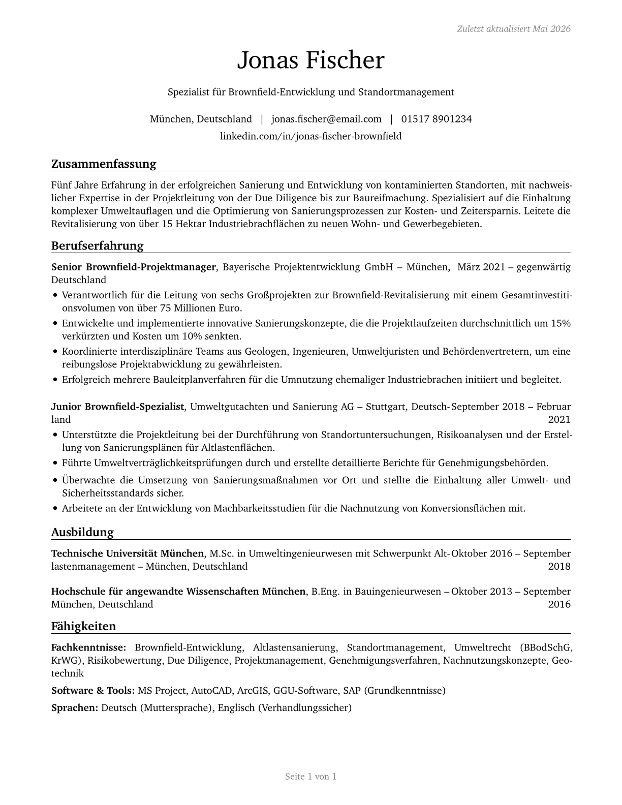 Brownfield Redevelopment Specialists and Site Managers CV in German — page 1