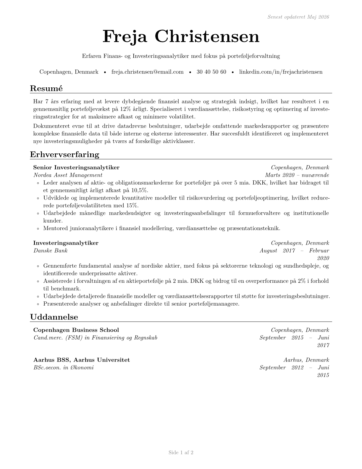 Financial and Investment Analysts CV in Danish — page 1