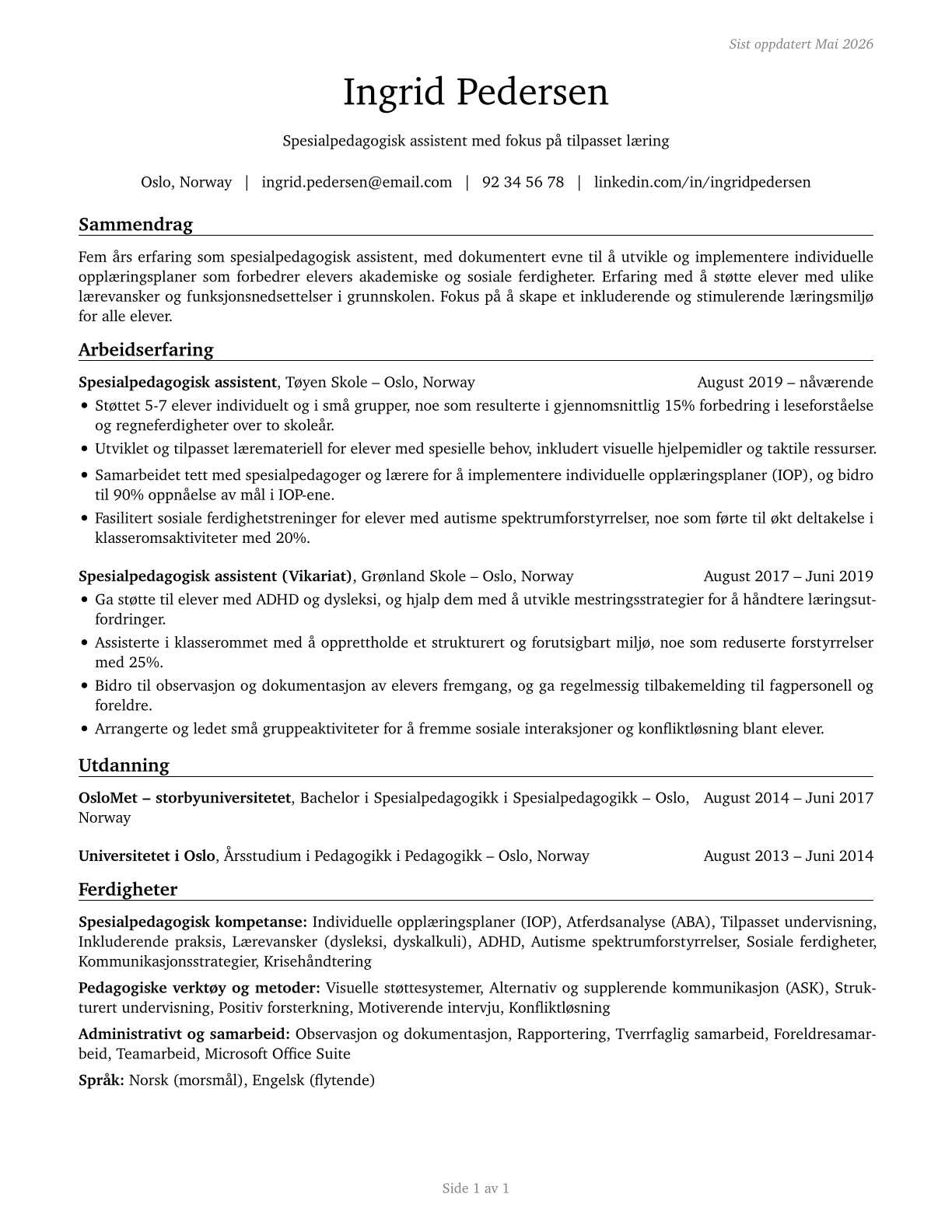 Teaching Assistants, Special Education CV in Norwegian_bokmal — page 1