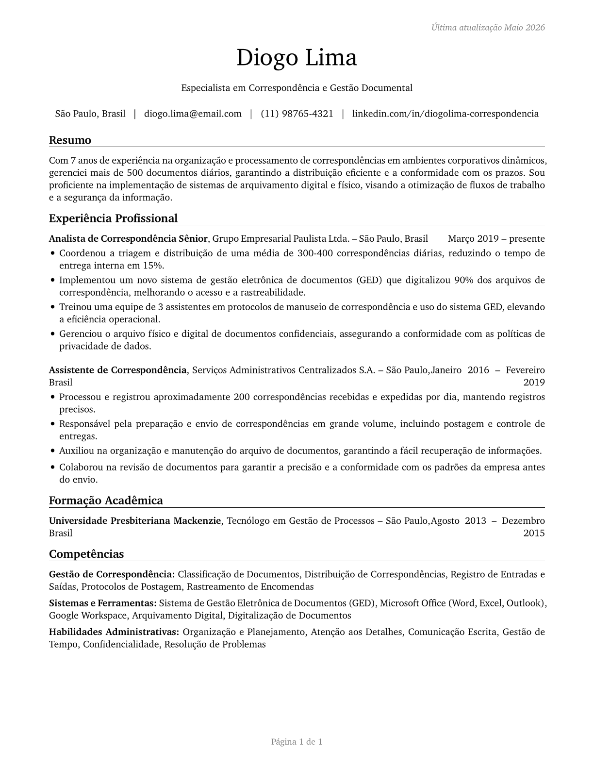 Correspondence Clerks CV in Portuguese — page 1