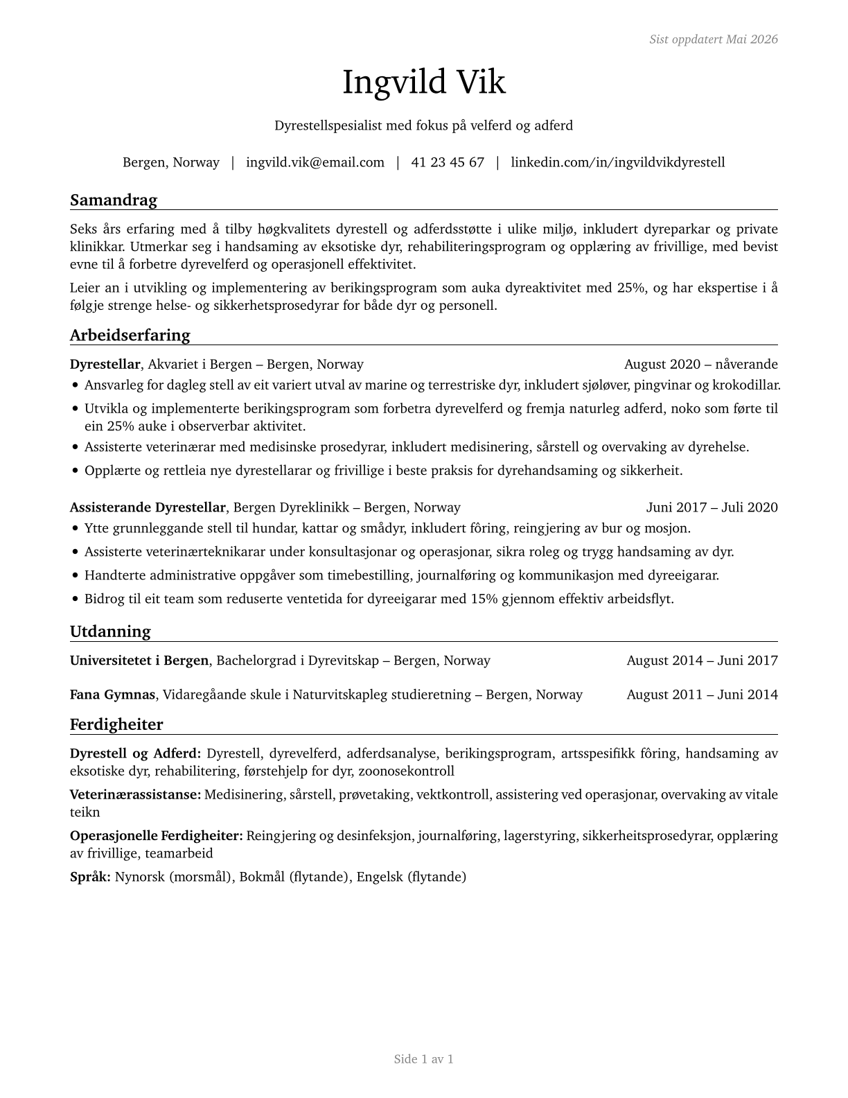 Animal Caretakers CV in Norwegian_nynorsk — page 1