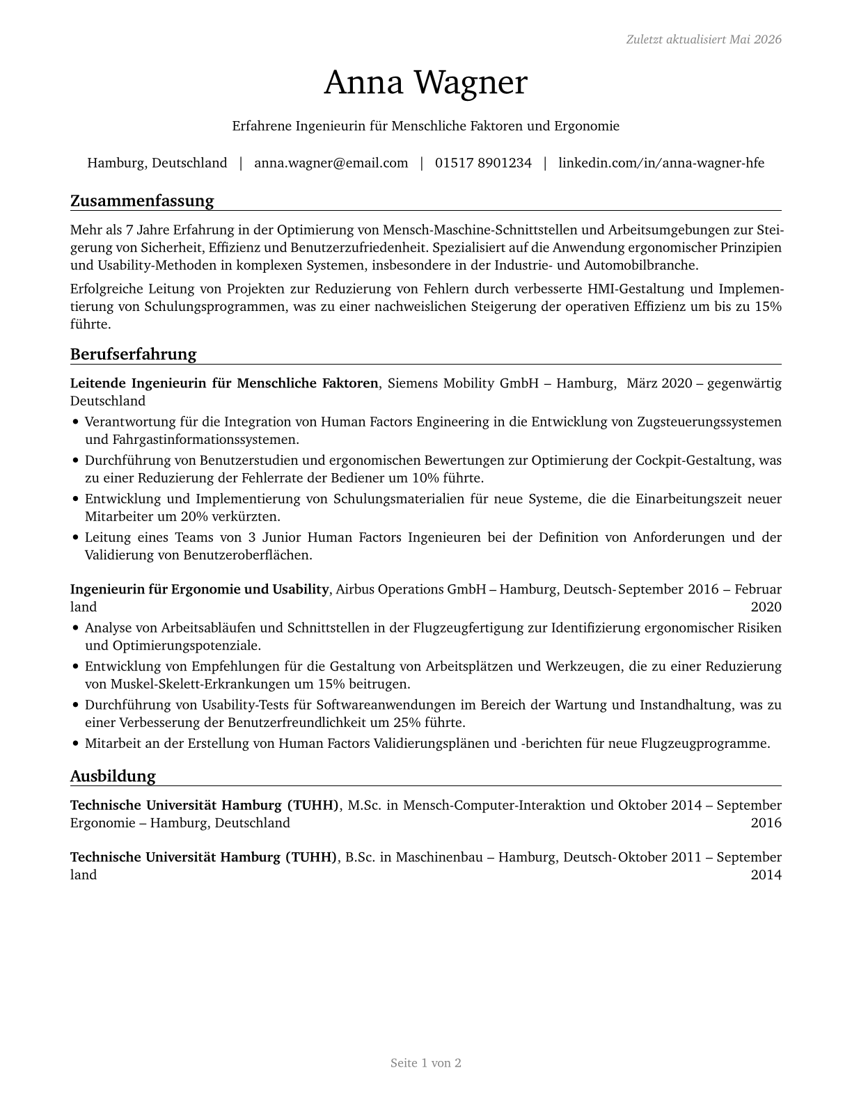 Human Factors Engineers and Ergonomists CV in German — page 1