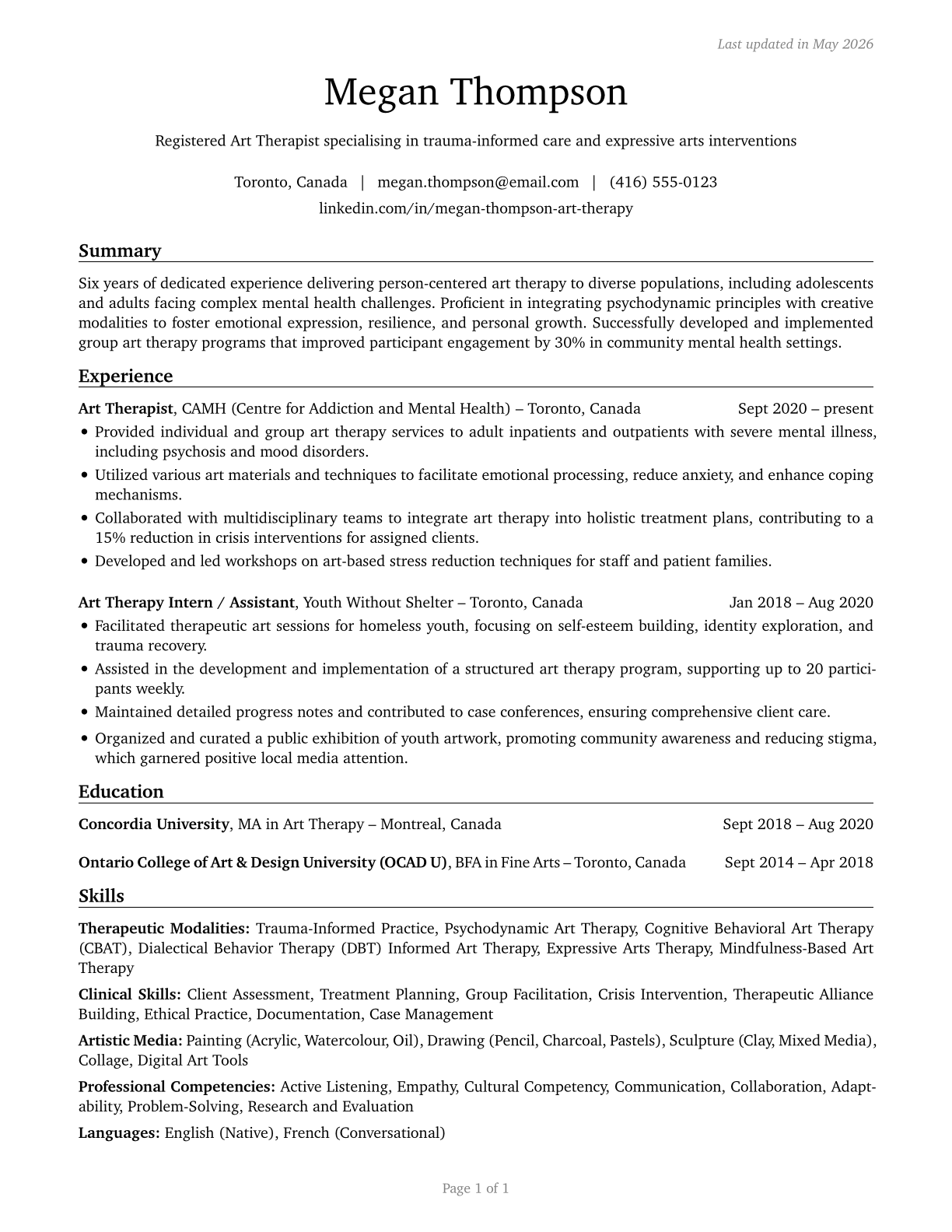 Art Therapists CV in English — page 1