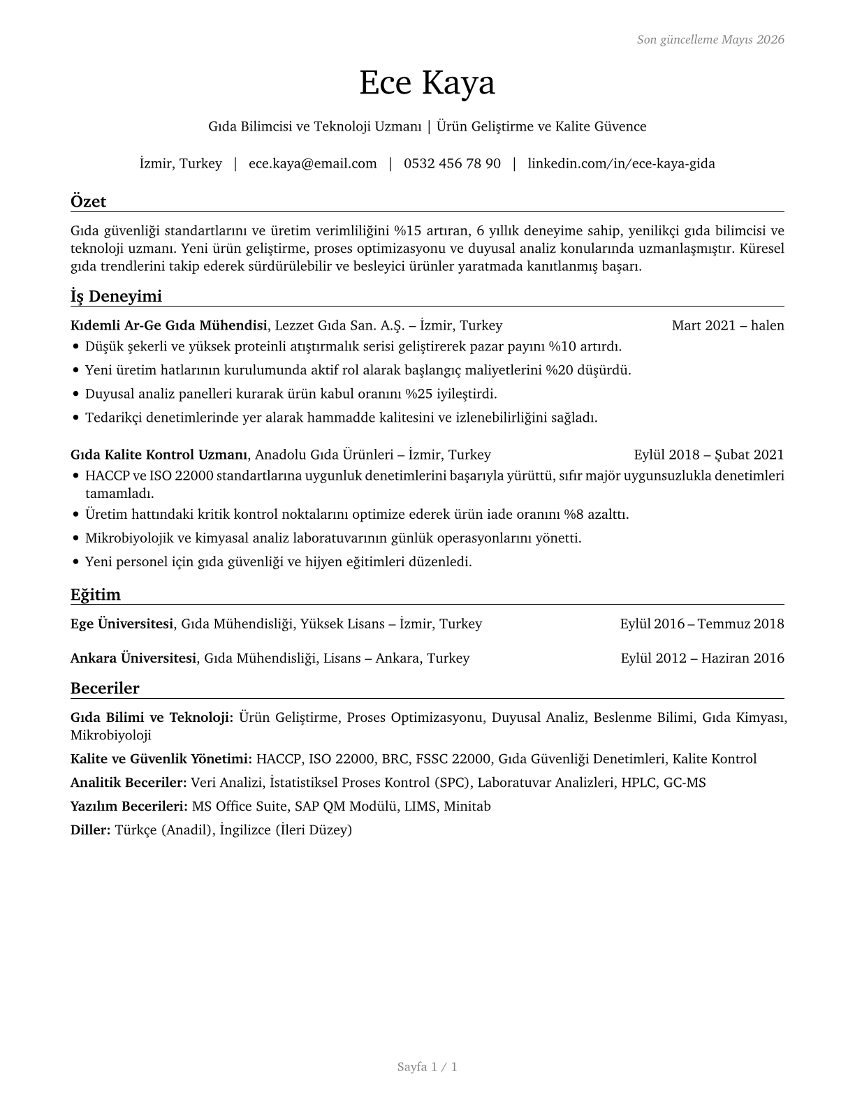 Food Scientists and Technologists CV in Turkish — page 1