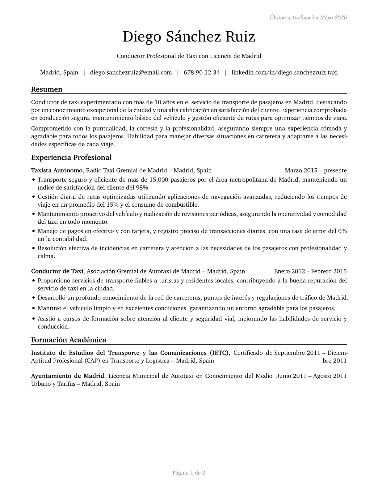 Taxi Drivers CV in Spanish — page 1
