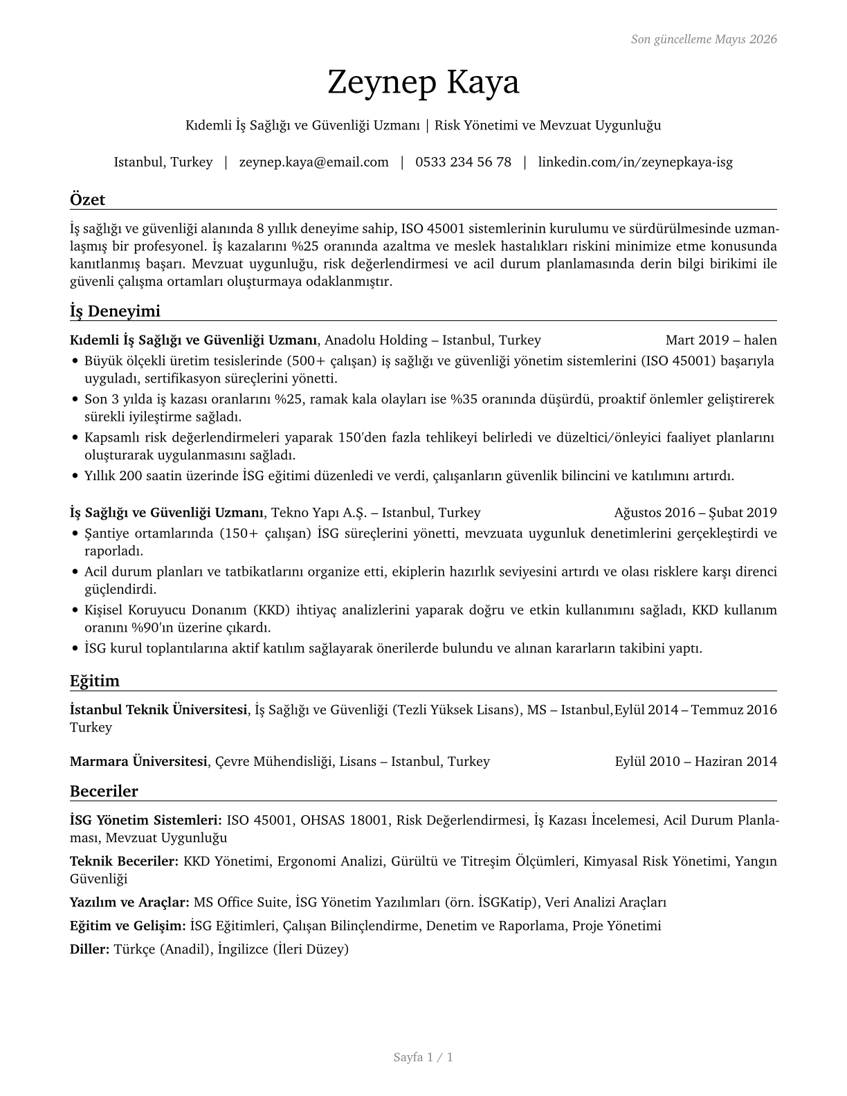Occupational Health and Safety Specialists CV in Turkish — page 1