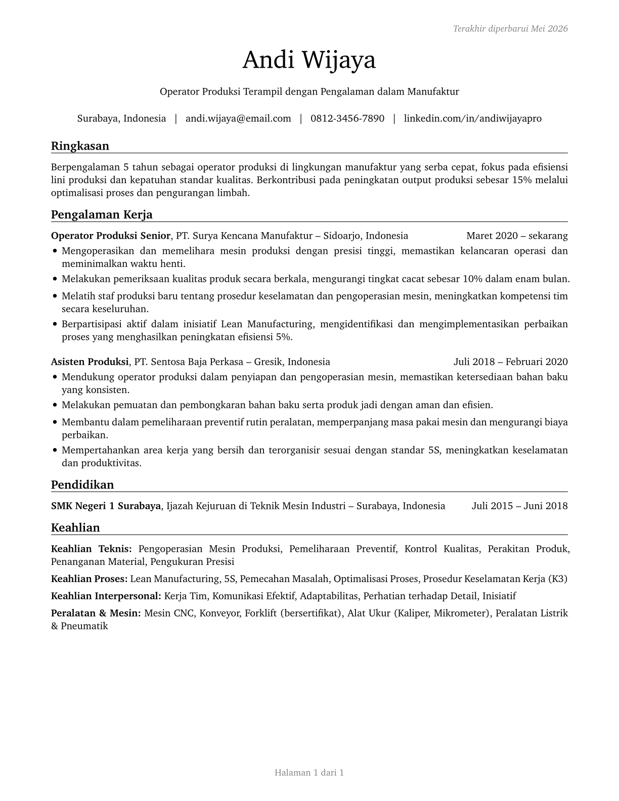 Helpers--Production Workers CV in Indonesian — page 1