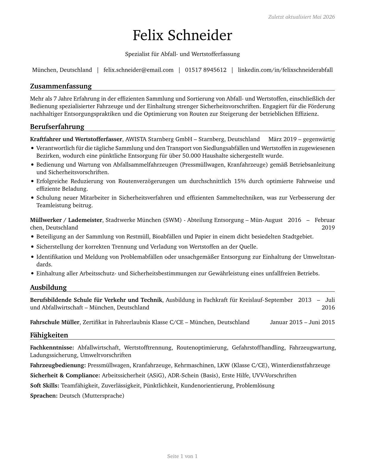 Refuse and Recyclable Material Collectors CV in German — page 1