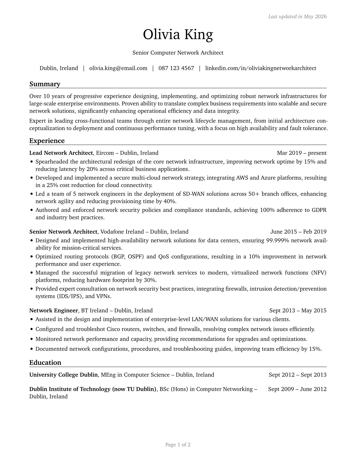 Computer Network Architects CV in English — page 1