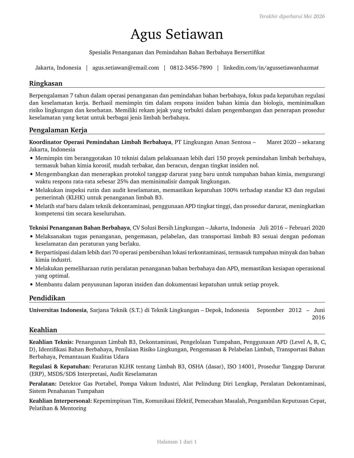 Hazardous Materials Removal Workers CV in Indonesian — page 1