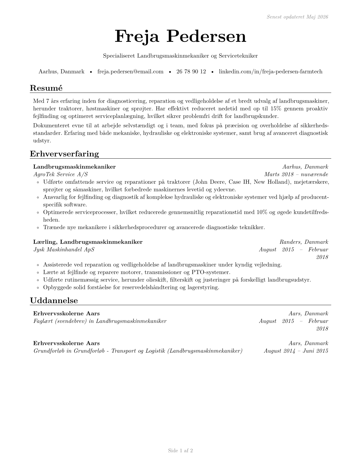 Farm Equipment Mechanics and Service Technicians CV in Danish — page 1