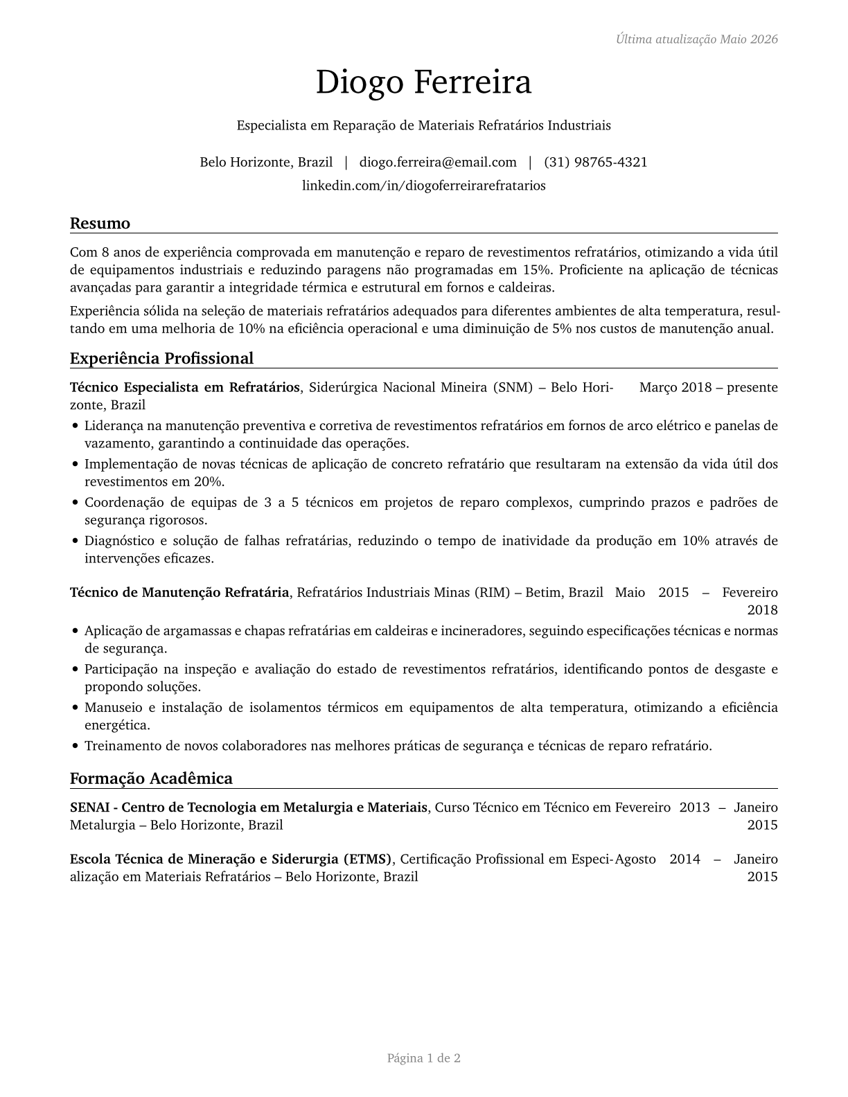 Refractory Materials Repairers, Except Brickmasons CV in Portuguese — page 1