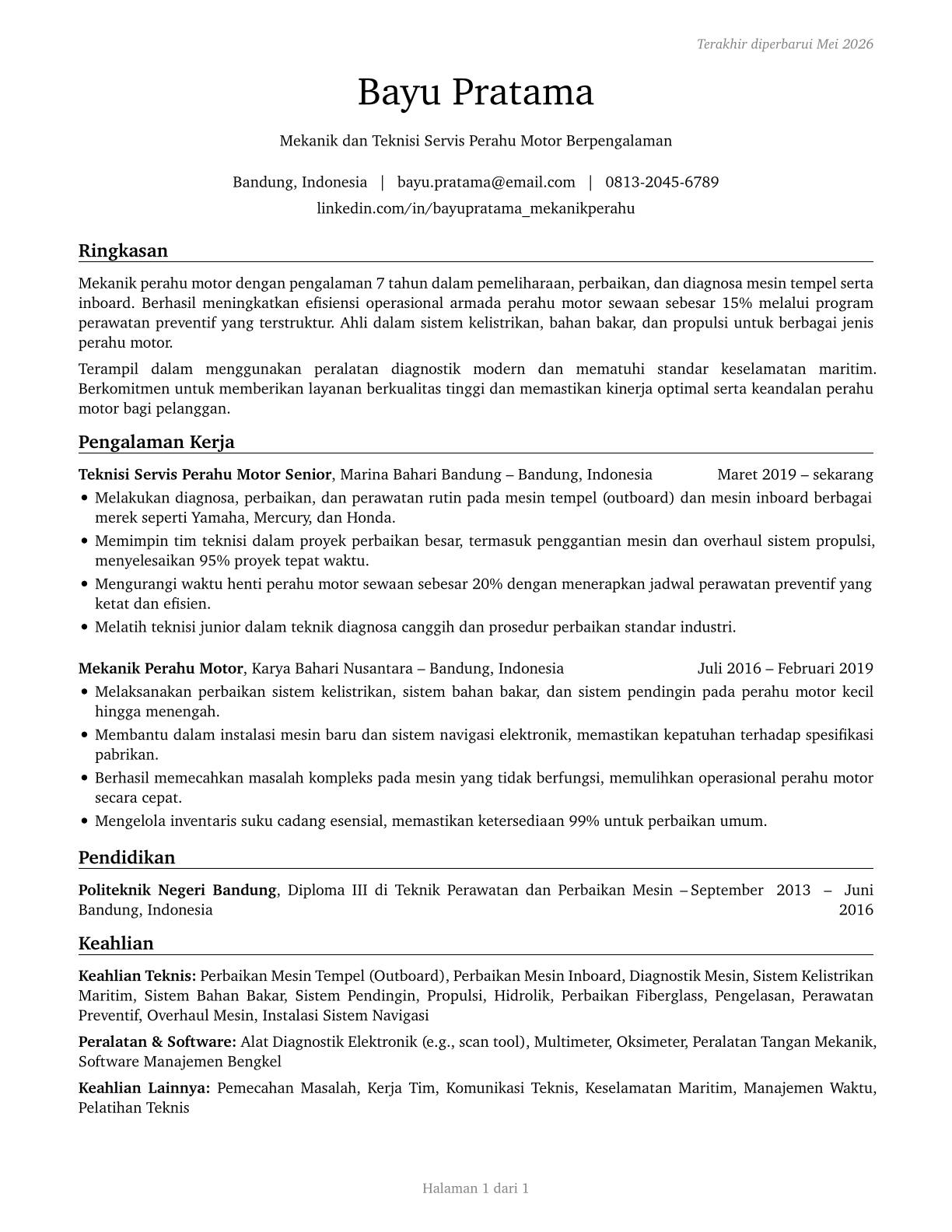 Motorboat Mechanics and Service Technicians CV in Indonesian — page 1