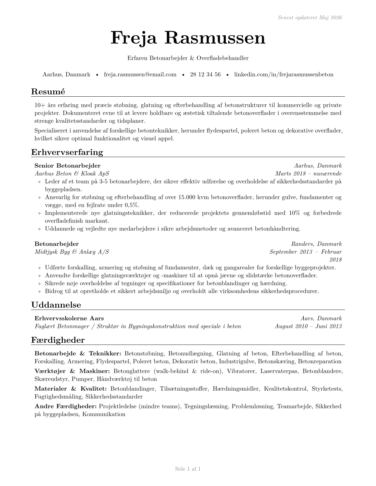 Cement Masons and Concrete Finishers CV in Danish — page 1