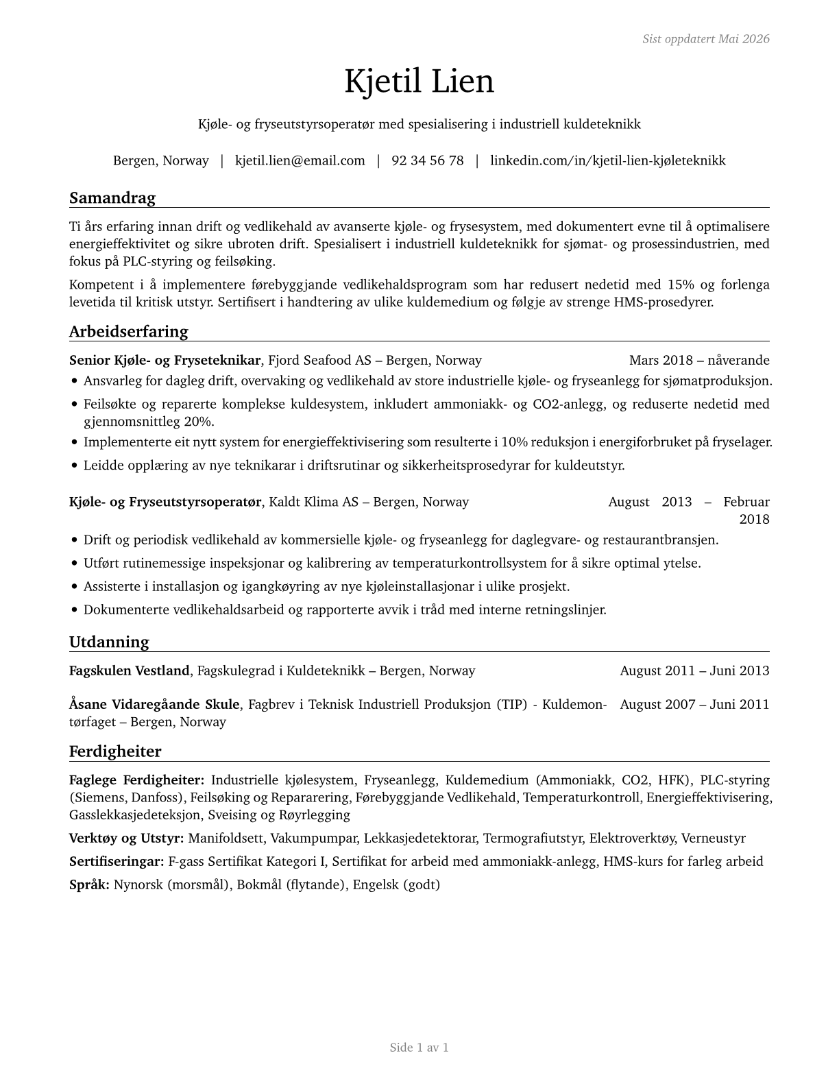 Cooling and Freezing Equipment Operators and Tenders CV in Norwegian_nynorsk — page 1