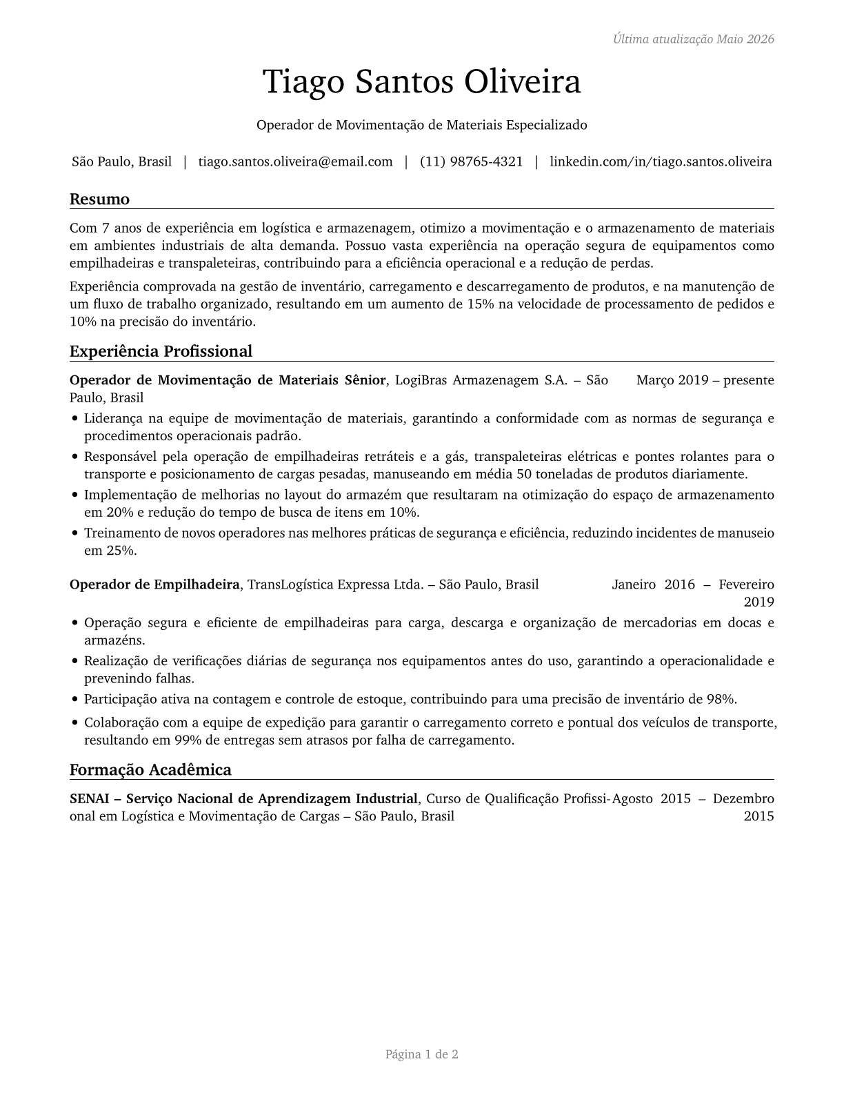 Material Moving Workers, All Other CV in Portuguese — page 1