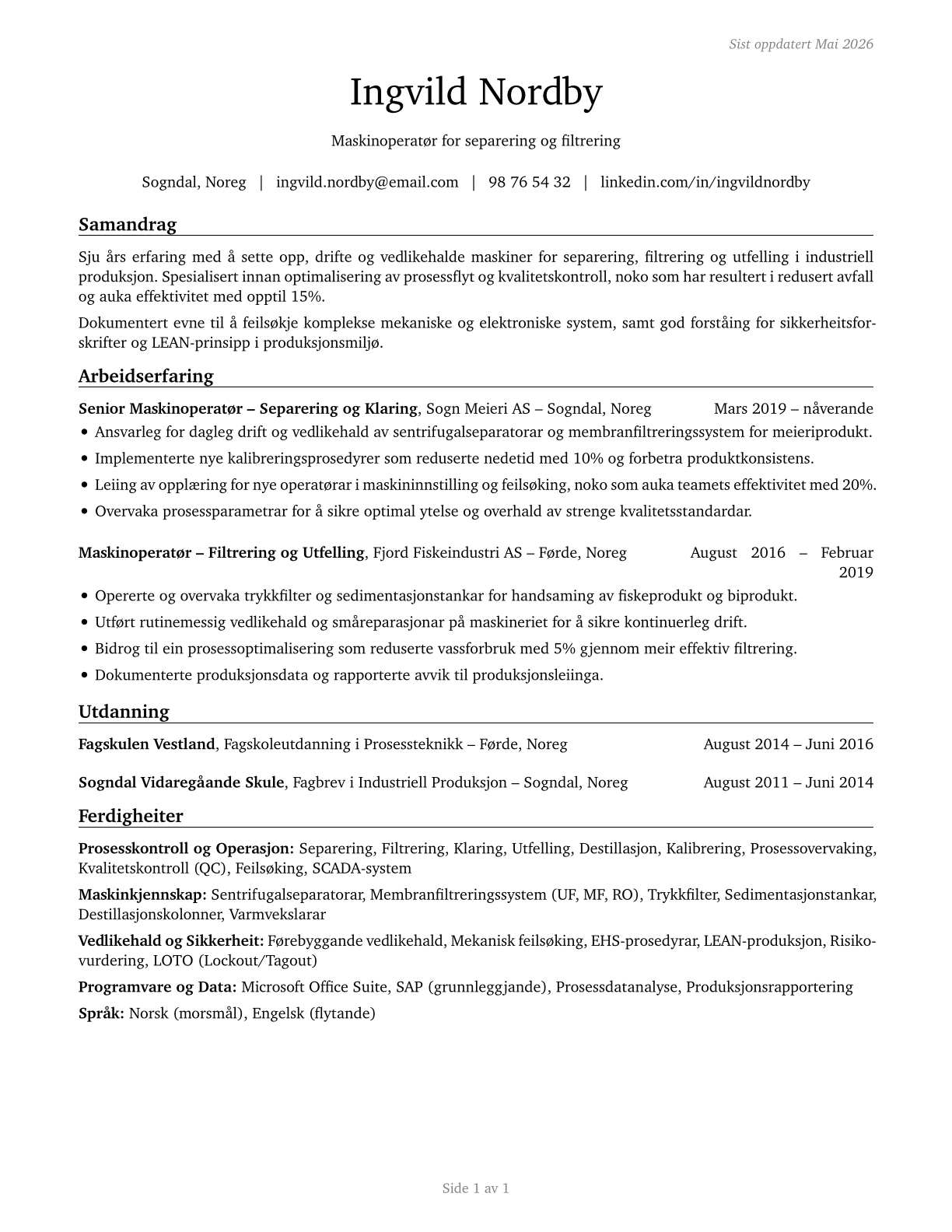 Separating, Filtering, Clarifying, Precipitating, and Still Machine Setters, Operators, and Tenders CV in Norwegian_nynorsk — page 1