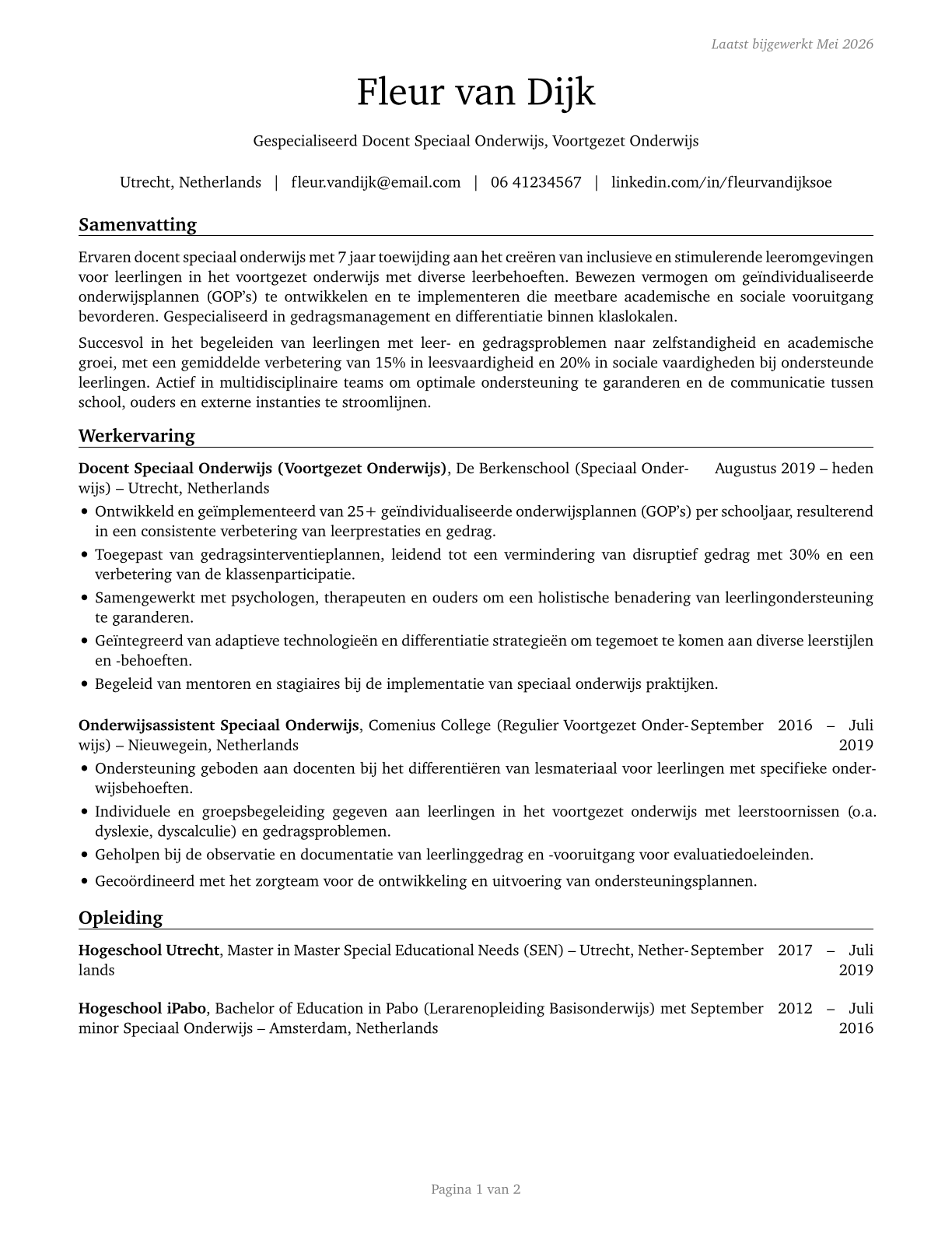 Special Education Teachers, Middle School CV in Dutch — page 1