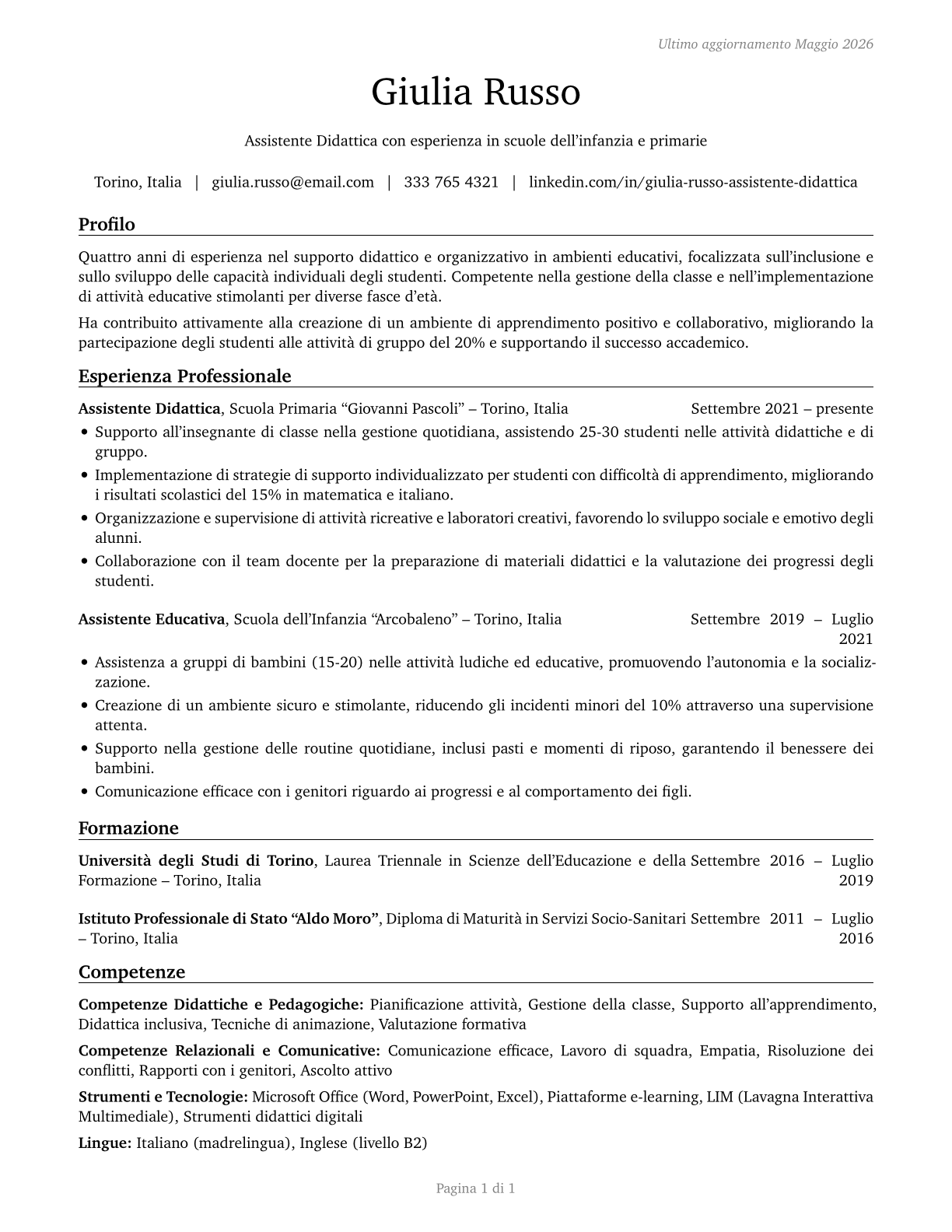Teaching Assistants, Preschool, Elementary, Middle, and Secondary School, Except Special Education CV in Italian — page 1