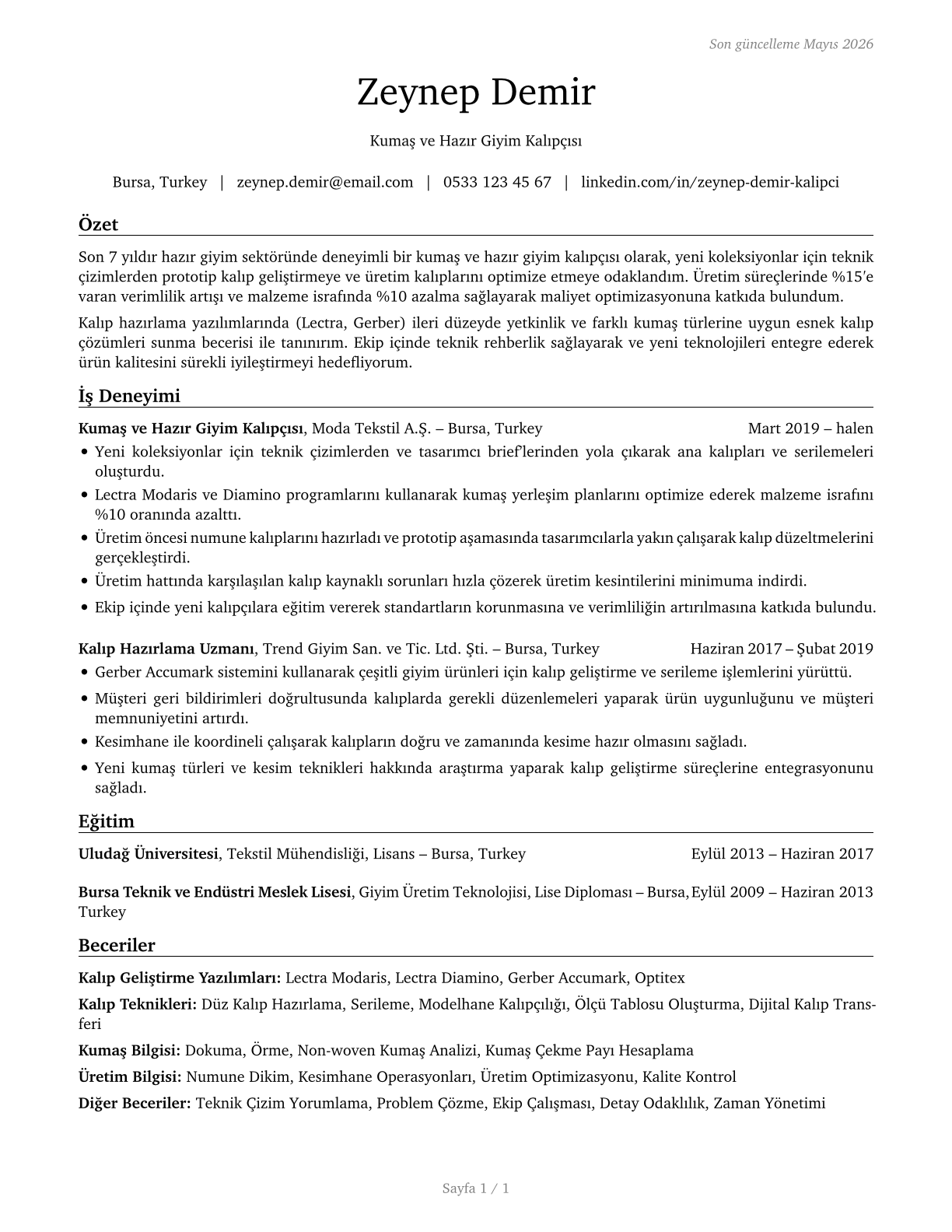 Fabric and Apparel Patternmakers CV in Turkish — page 1