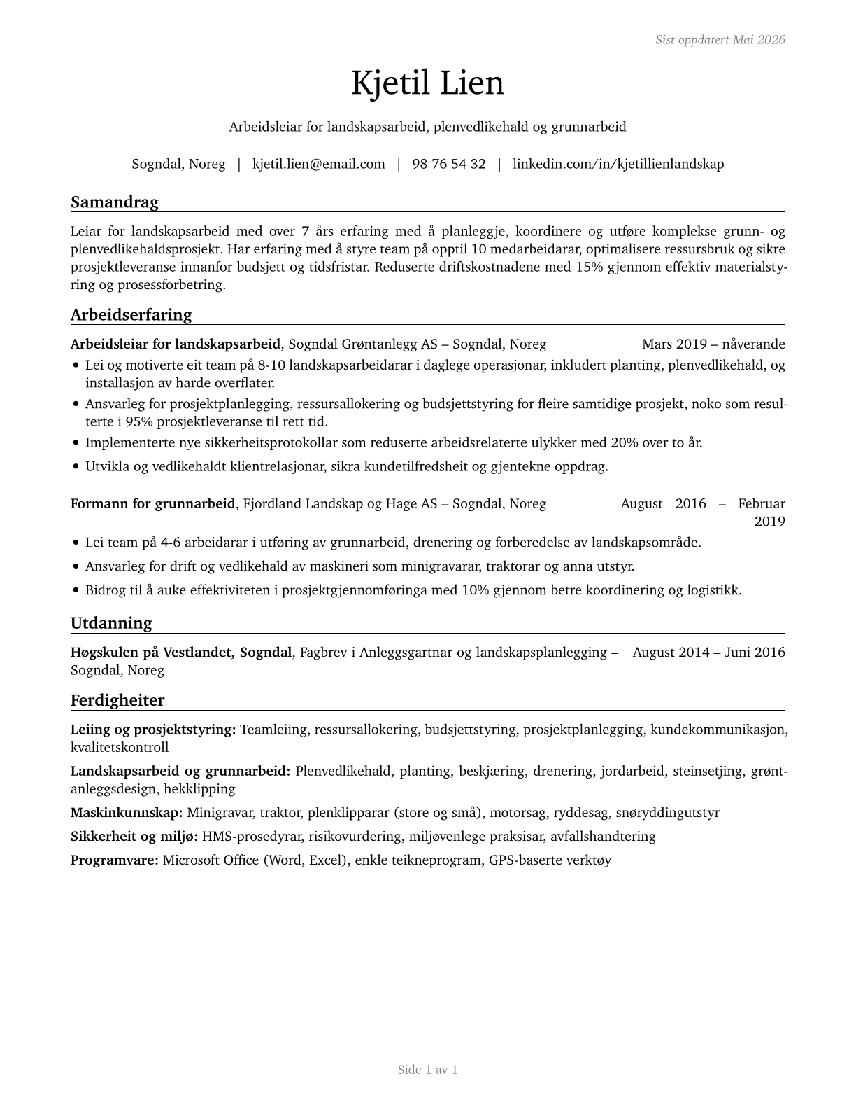 First-Line Supervisors of Landscaping, Lawn Service, and Groundskeeping Workers CV in Norwegian_nynorsk — page 1