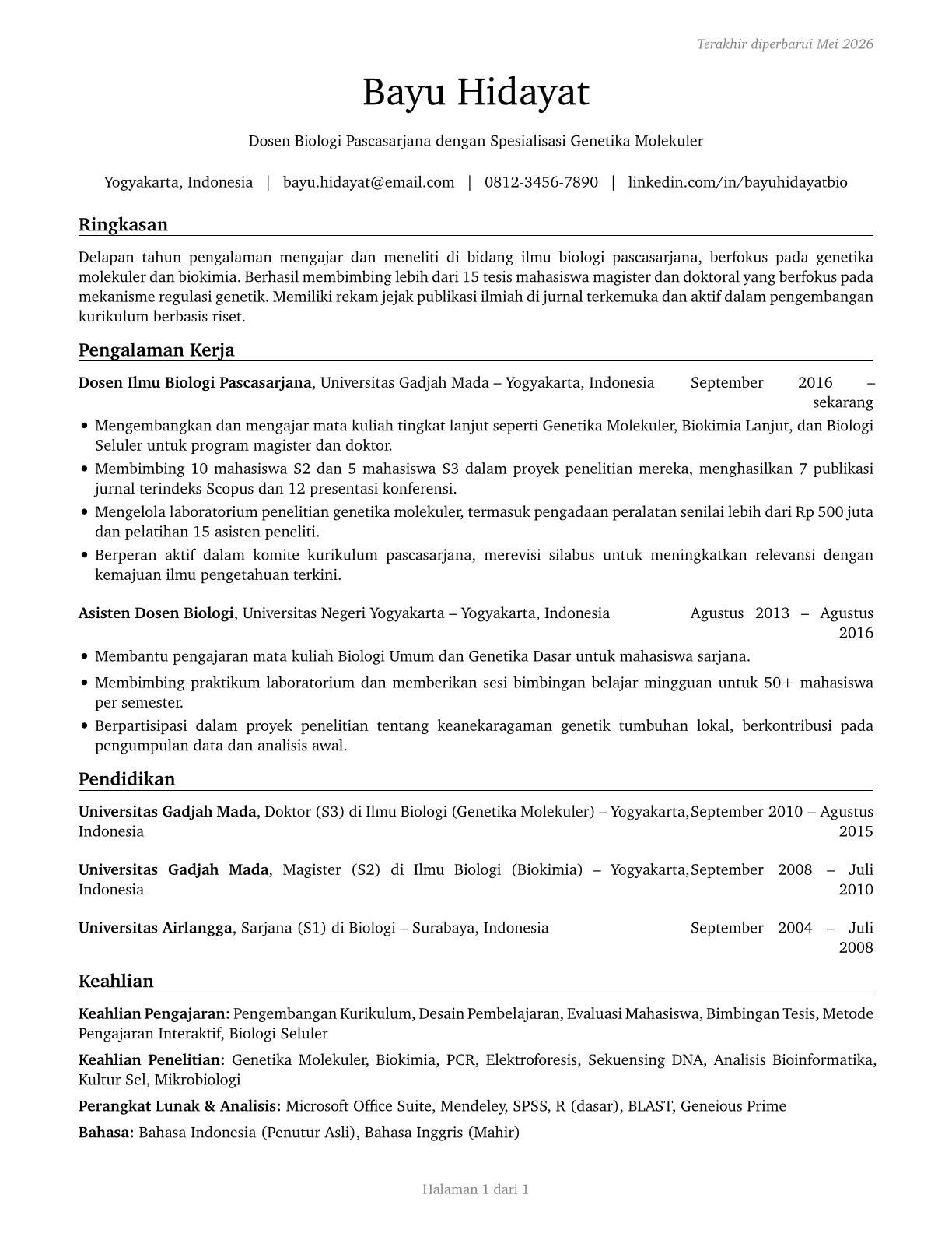 Biological Science Teachers, Postsecondary CV in Indonesian — page 1