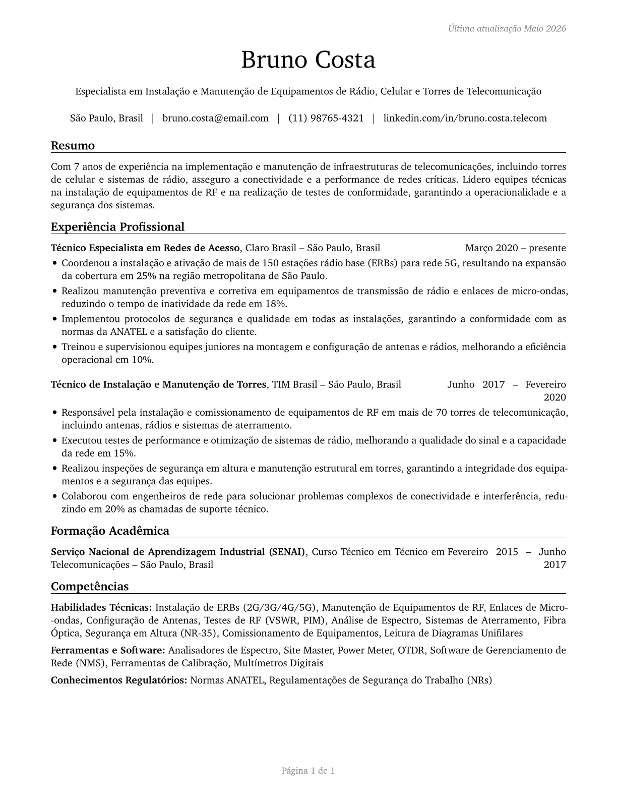 Radio, Cellular, and Tower Equipment Installers and Repairers CV in Portuguese — page 1
