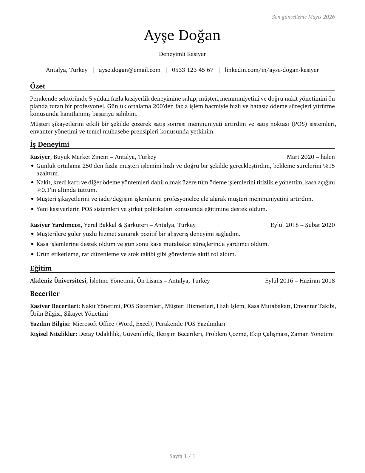Cashiers CV in Turkish — page 1