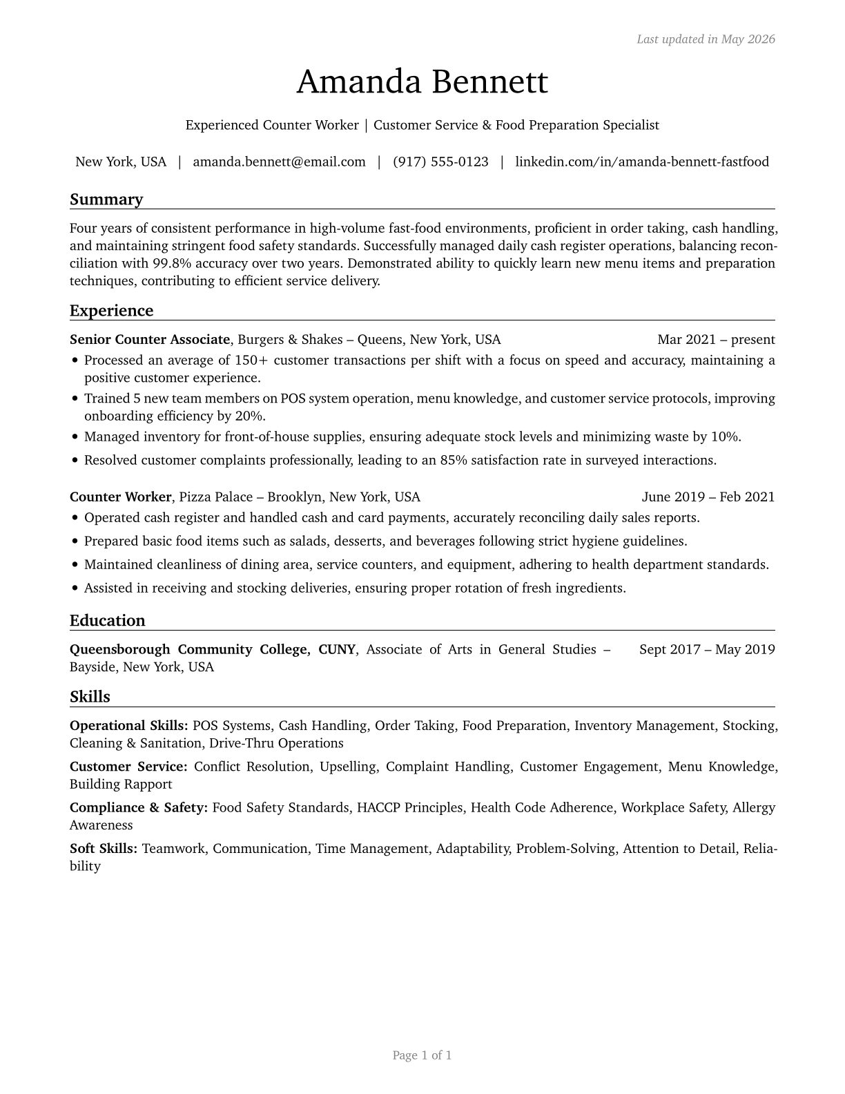 Fast Food and Counter Workers CV in English — page 1