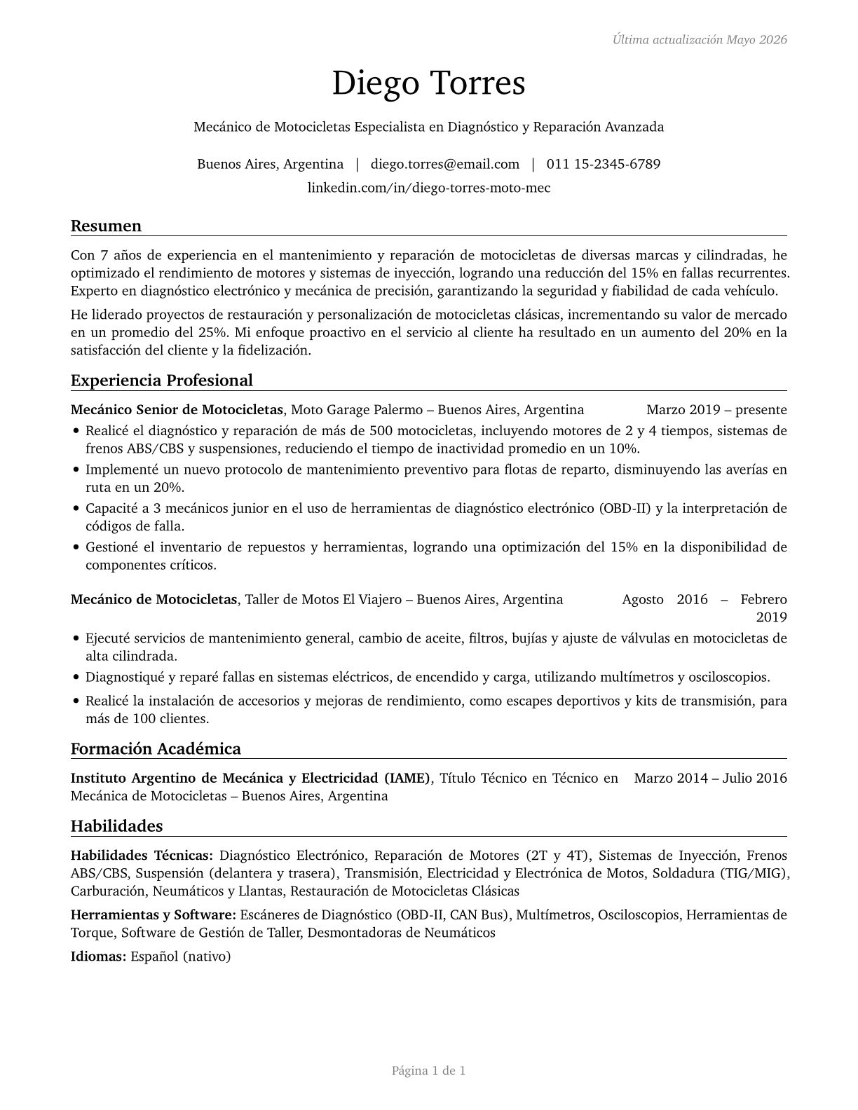 Motorcycle Mechanics CV in Spanish — page 1