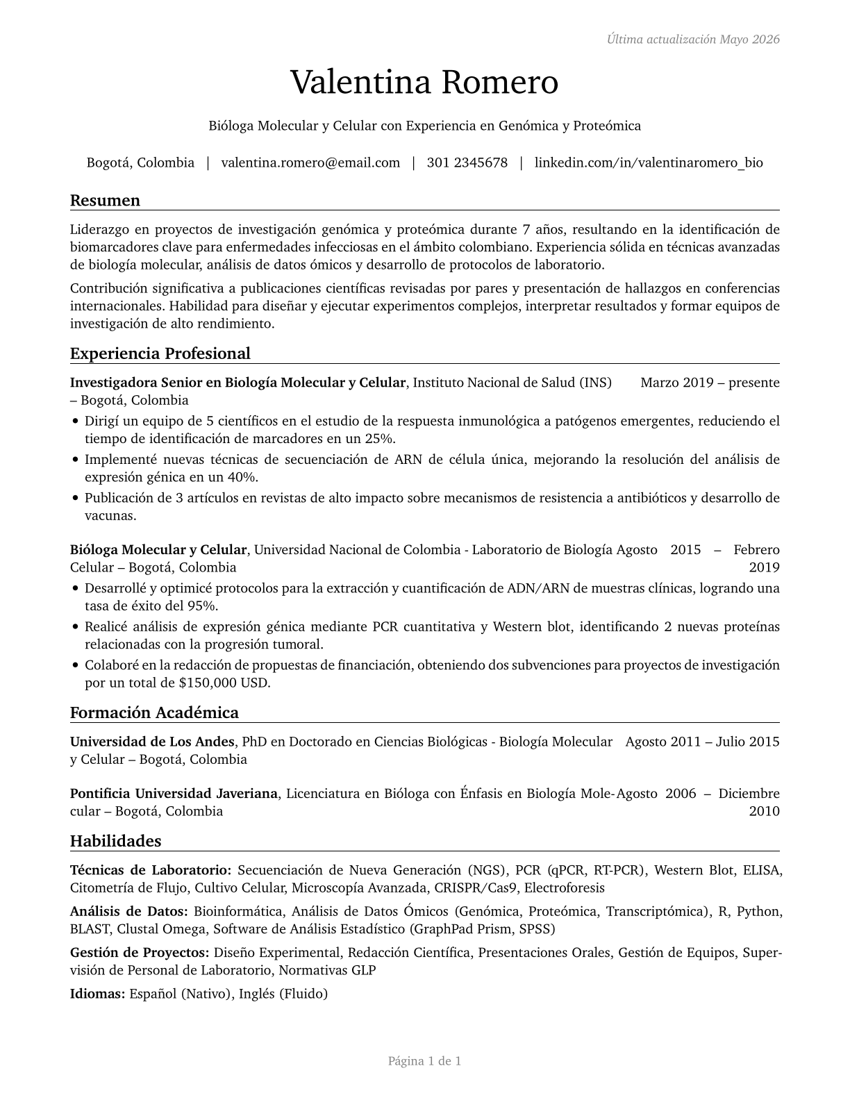 Molecular and Cellular Biologists CV in Spanish — page 1