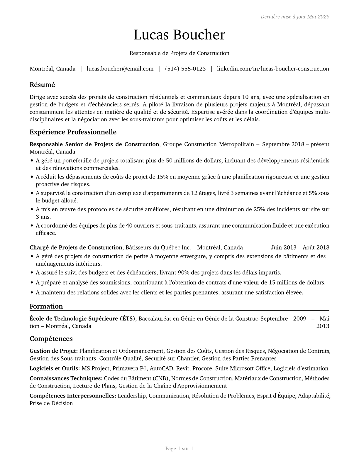 Construction Managers CV in French — page 1