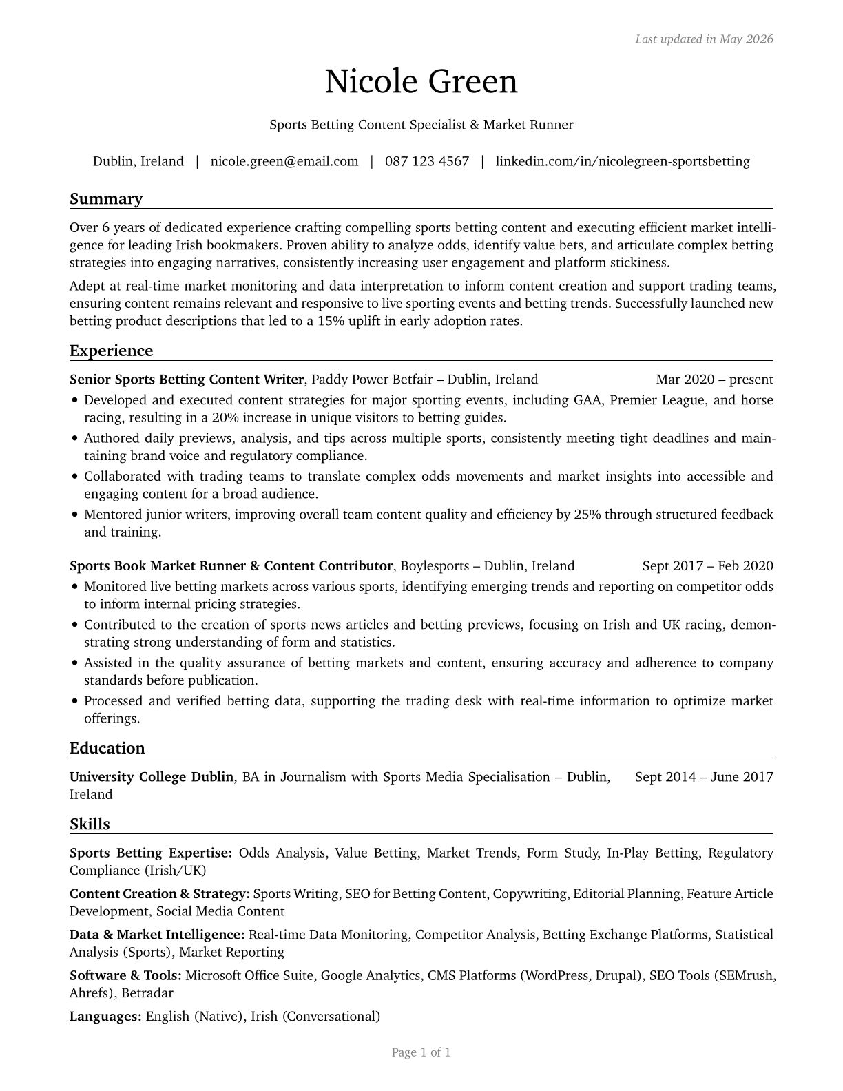Gambling and Sports Book Writers and Runners CV in English — page 1