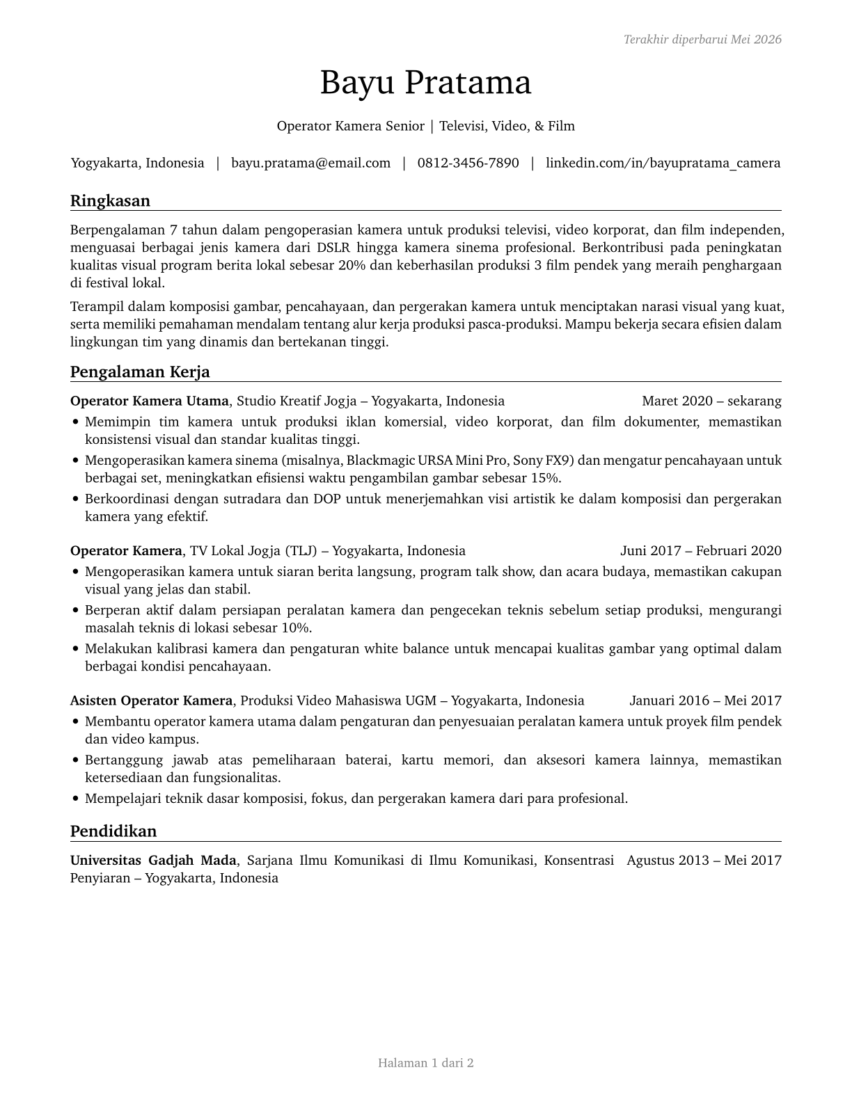 Camera Operators, Television, Video, and Film CV in Indonesian — page 1