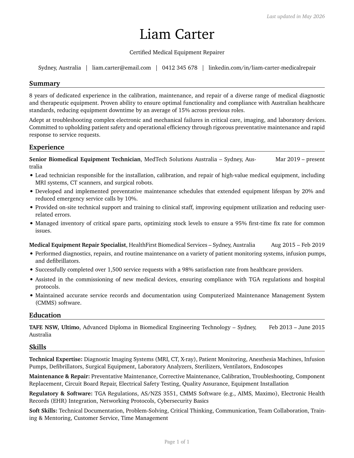 Medical Equipment Repairers CV in English — page 1