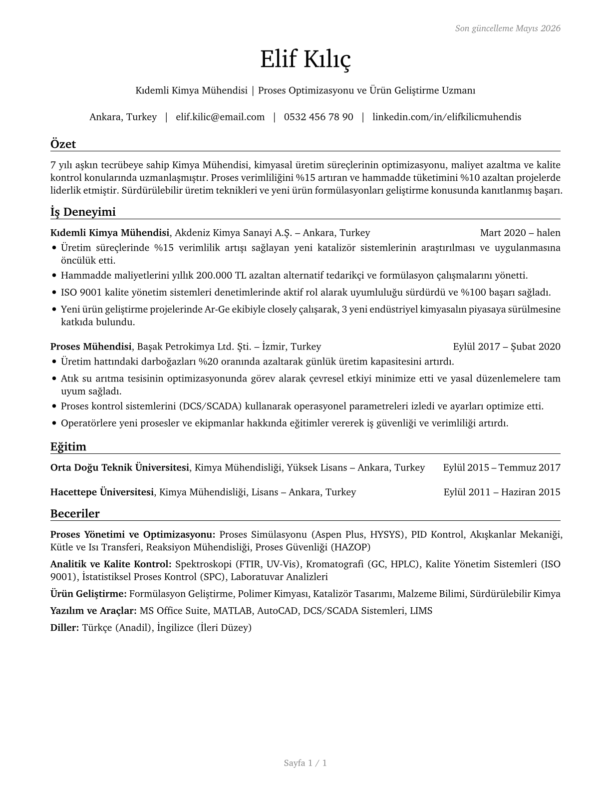 Chemical Engineers CV in Turkish — page 1