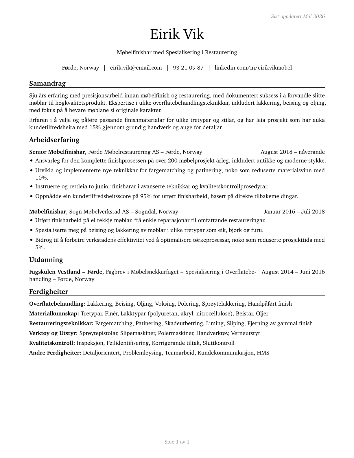 Furniture Finishers CV in Norwegian_nynorsk — page 1