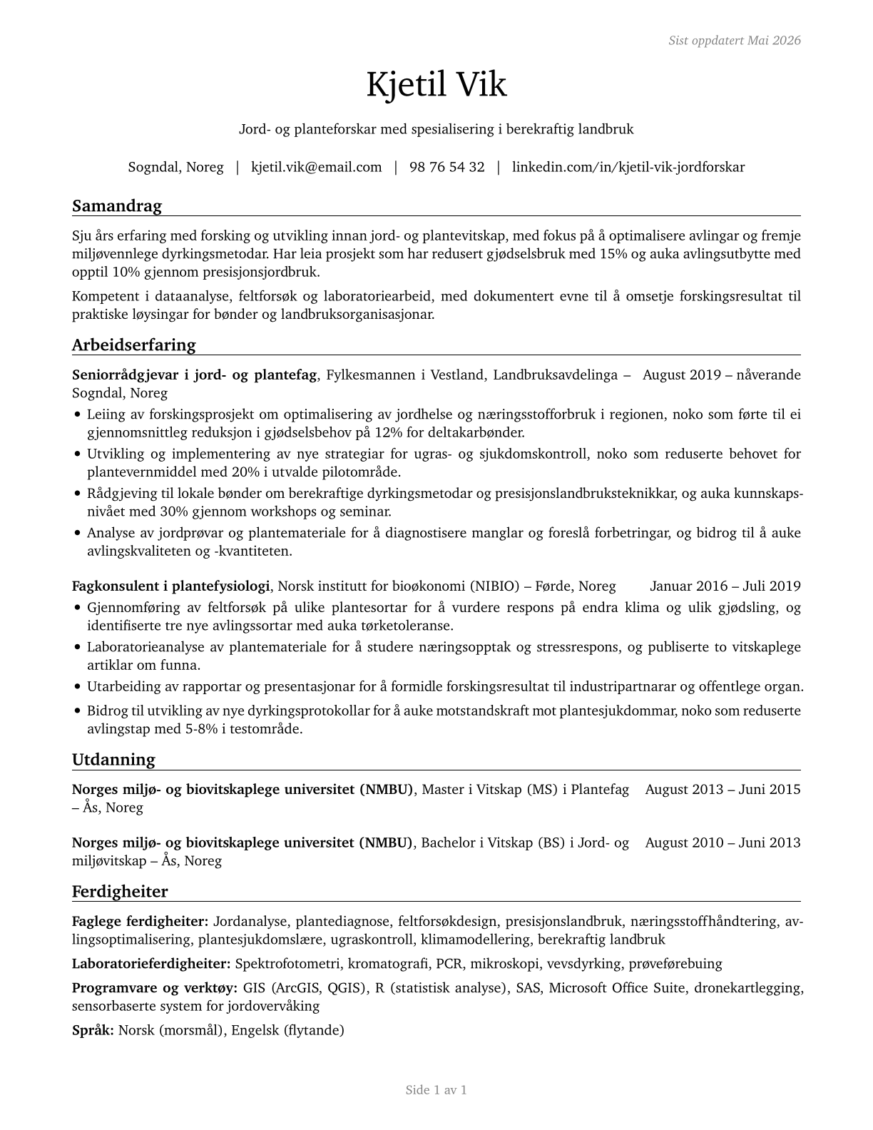 Soil and Plant Scientists CV in Norwegian_nynorsk — page 1