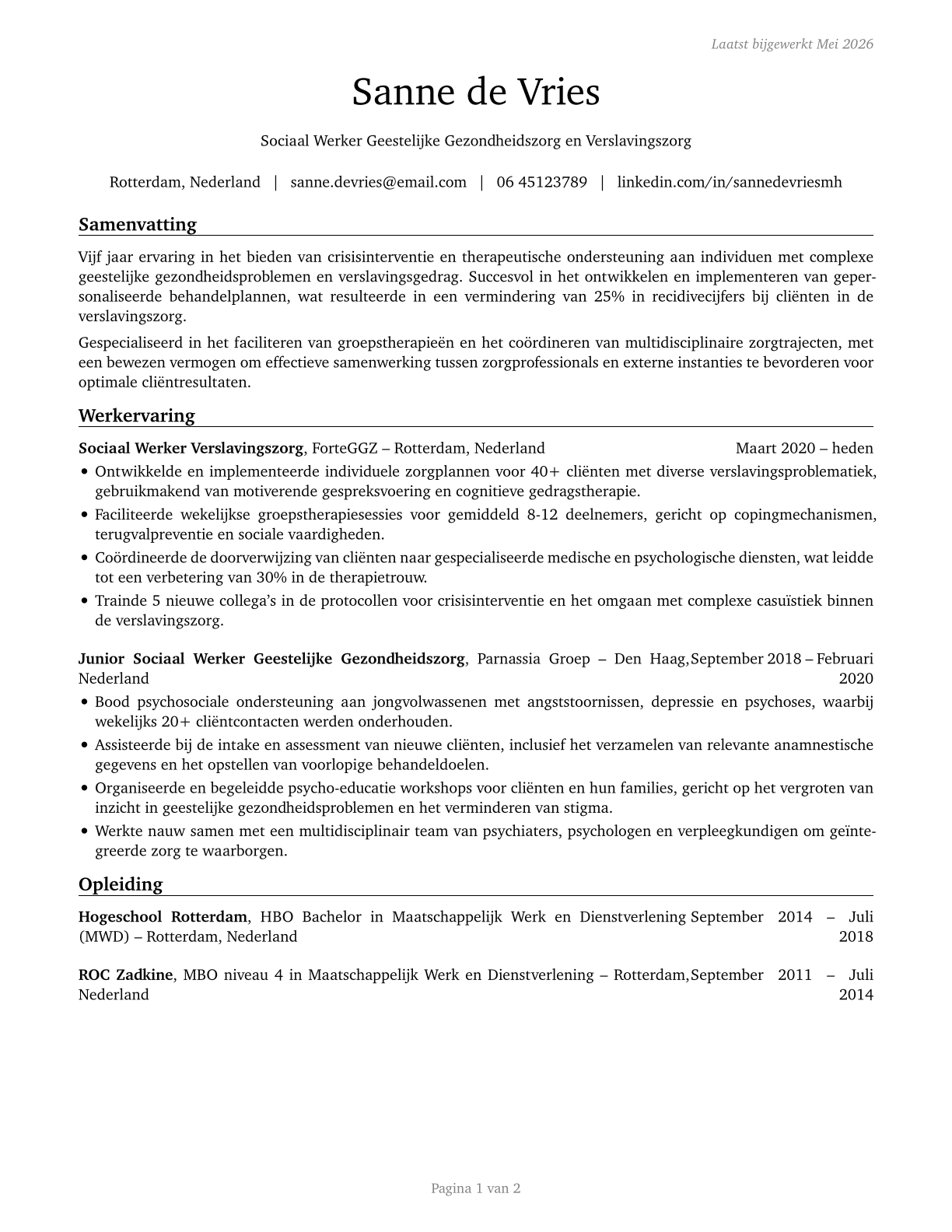 Mental Health and Substance Abuse Social Workers CV in Dutch — page 1