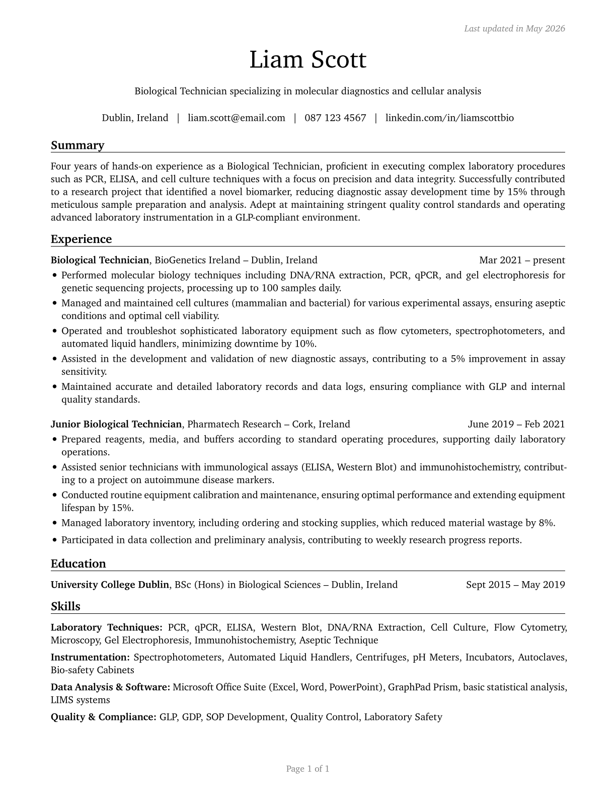 Biological Technicians CV in English — page 1