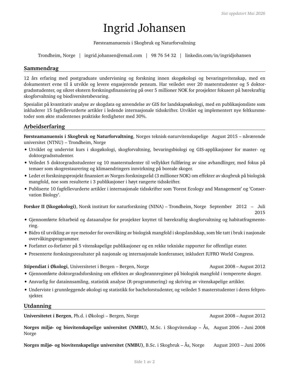 Forestry and Conservation Science Teachers, Postsecondary CV in Norwegian_bokmal — page 1