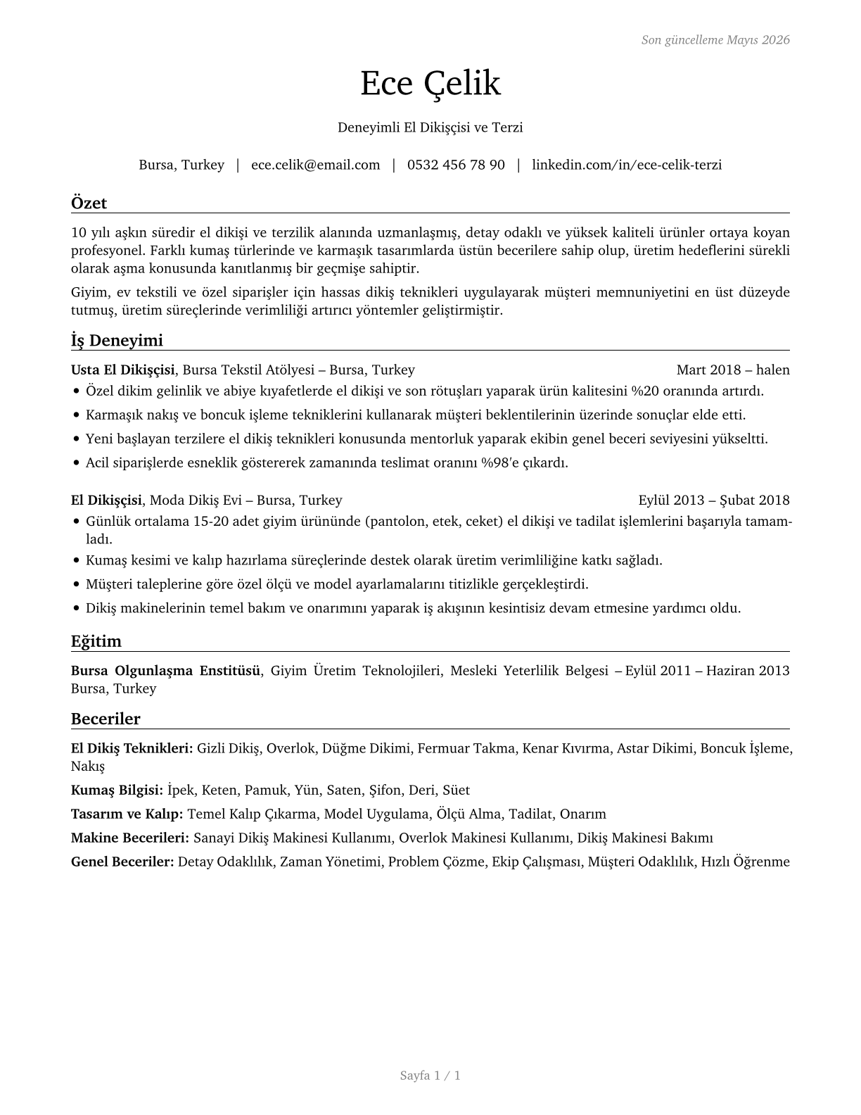 Sewers, Hand CV in Turkish — page 1