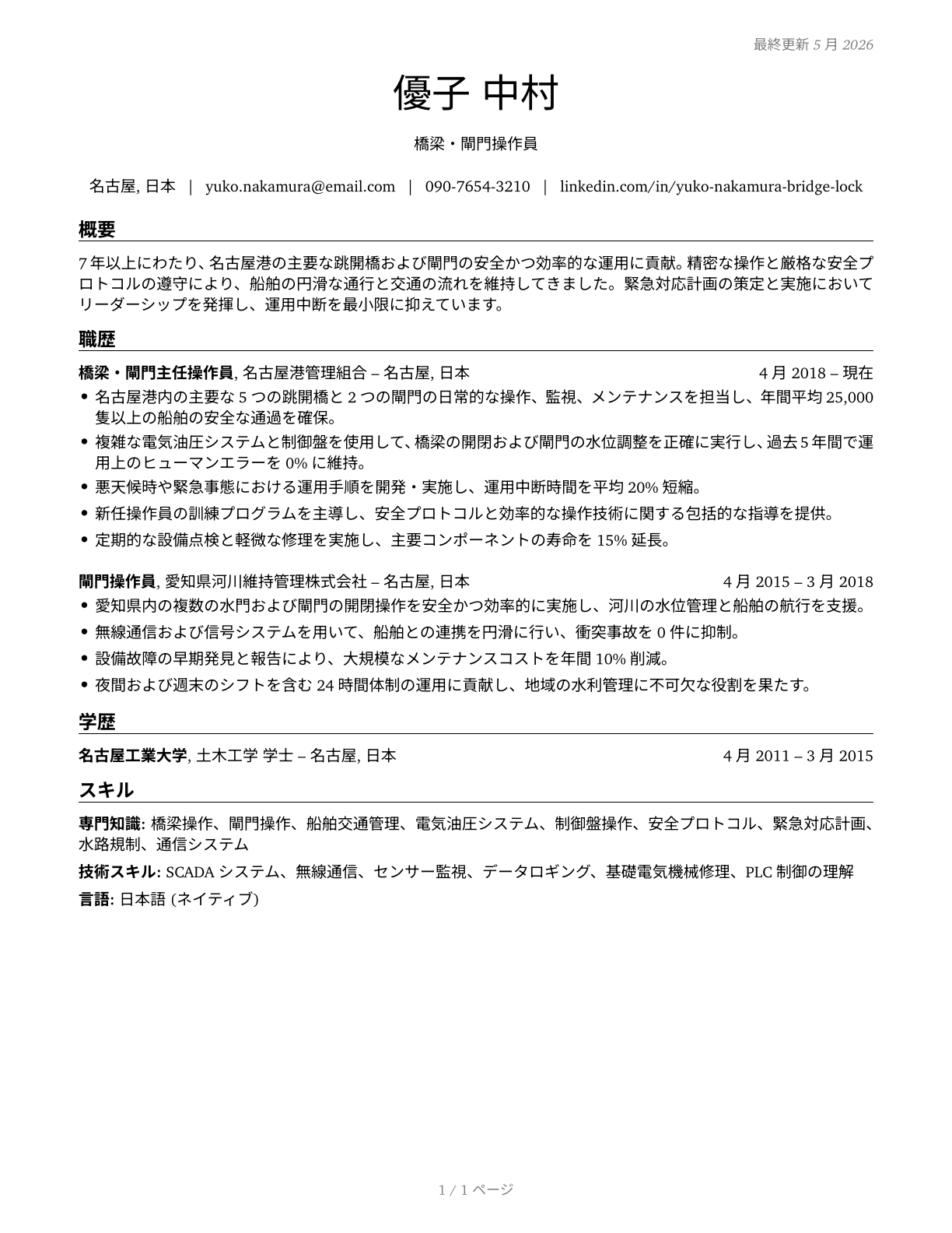 Bridge and Lock Tenders CV in Japanese — page 1