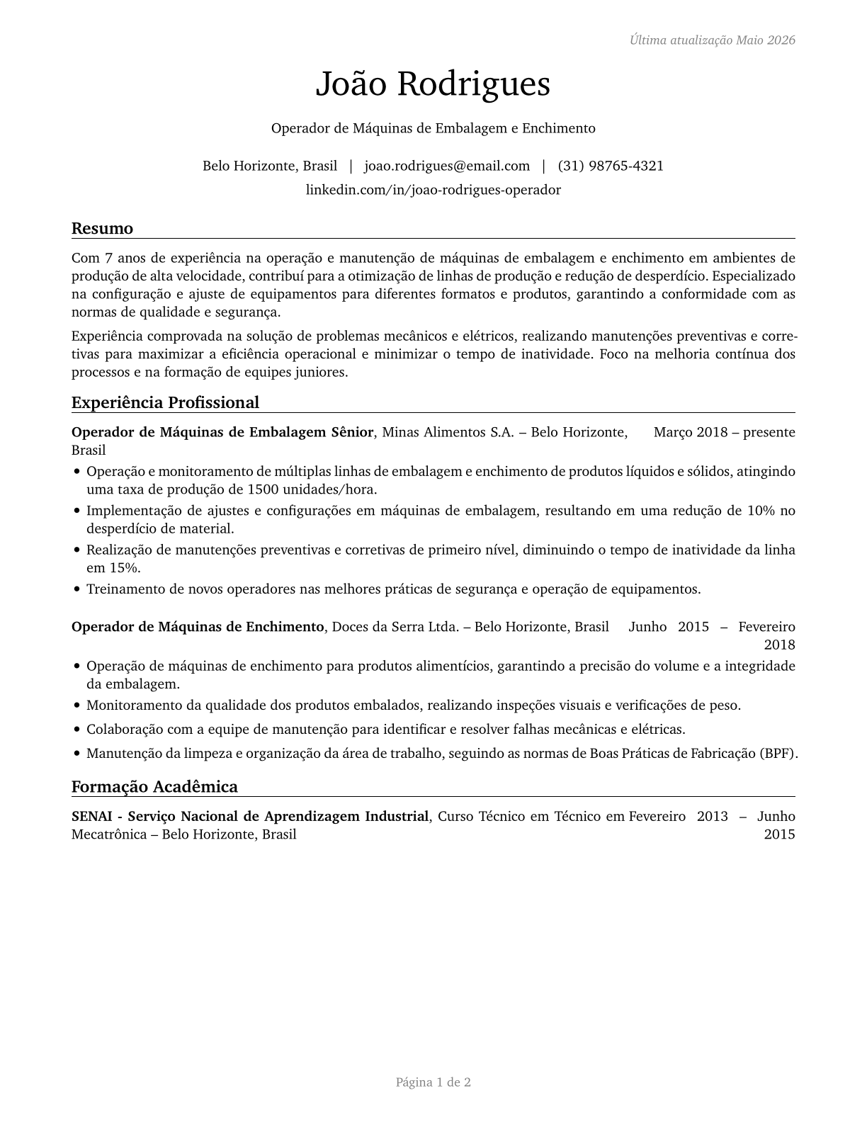 Packaging and Filling Machine Operators and Tenders CV in Portuguese — page 1