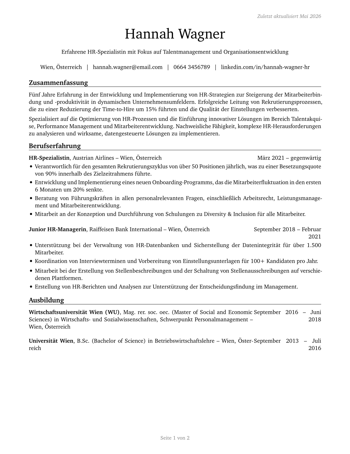 Human Resources Specialists CV in German — page 1