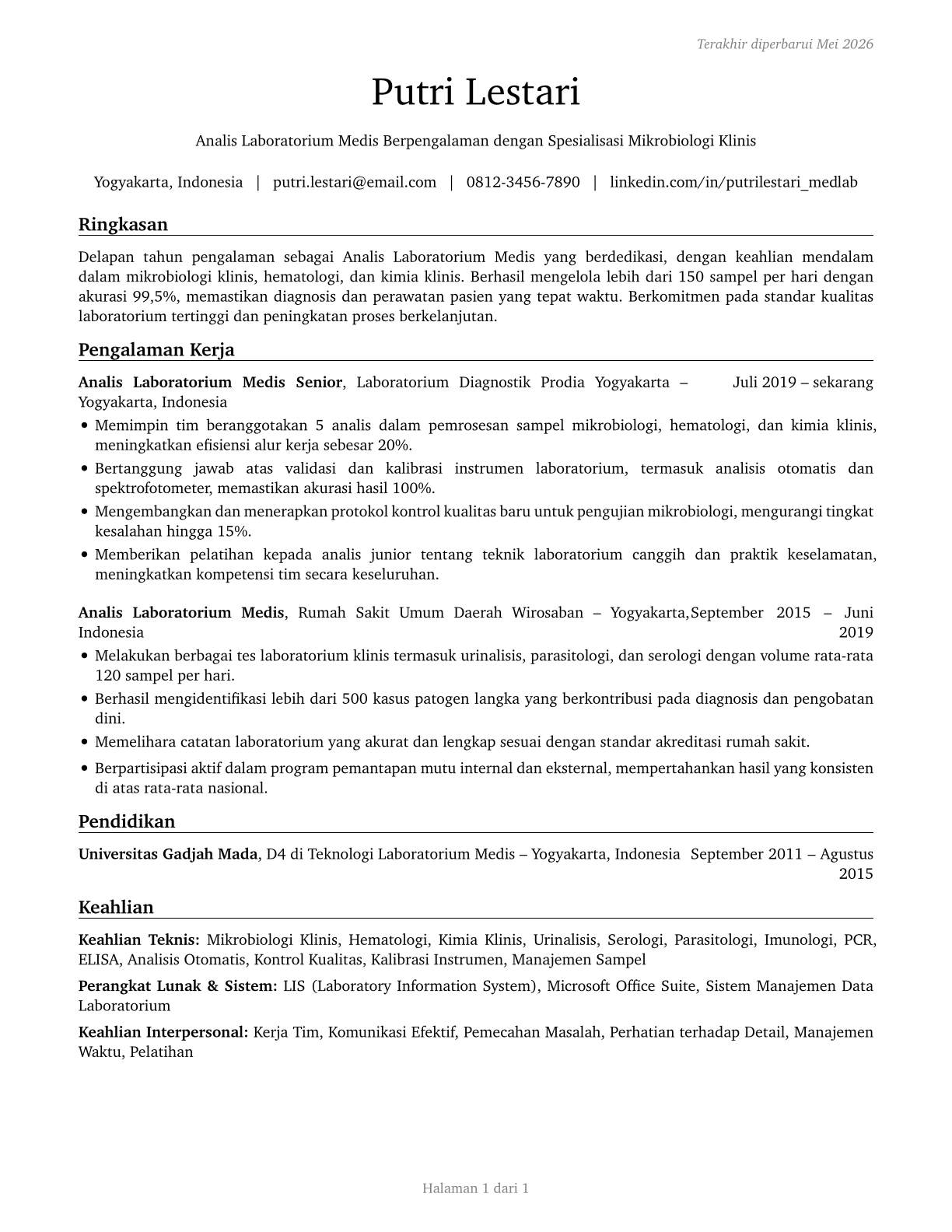 Medical and Clinical Laboratory Technicians CV in Indonesian — page 1