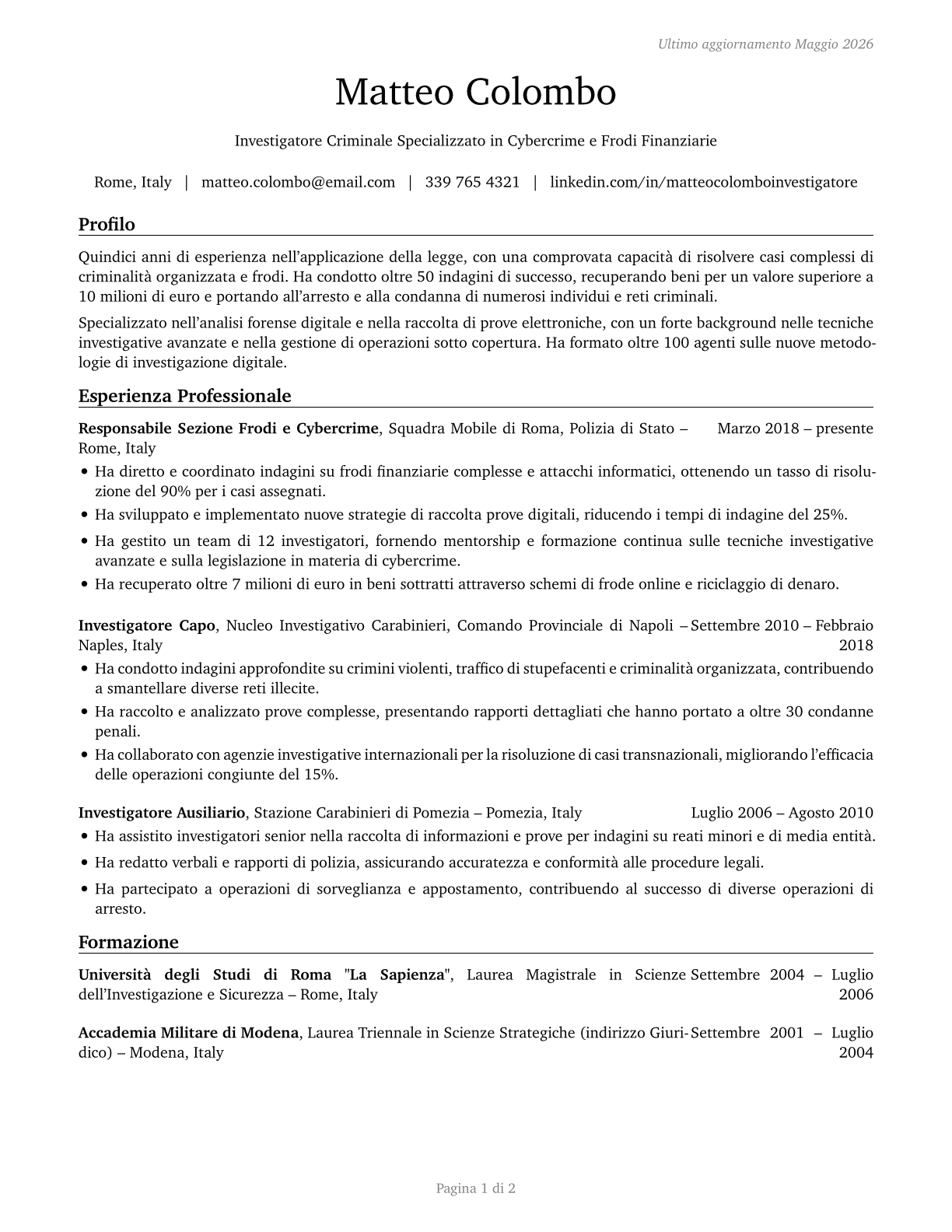 Detectives and Criminal Investigators CV in Italian — page 1