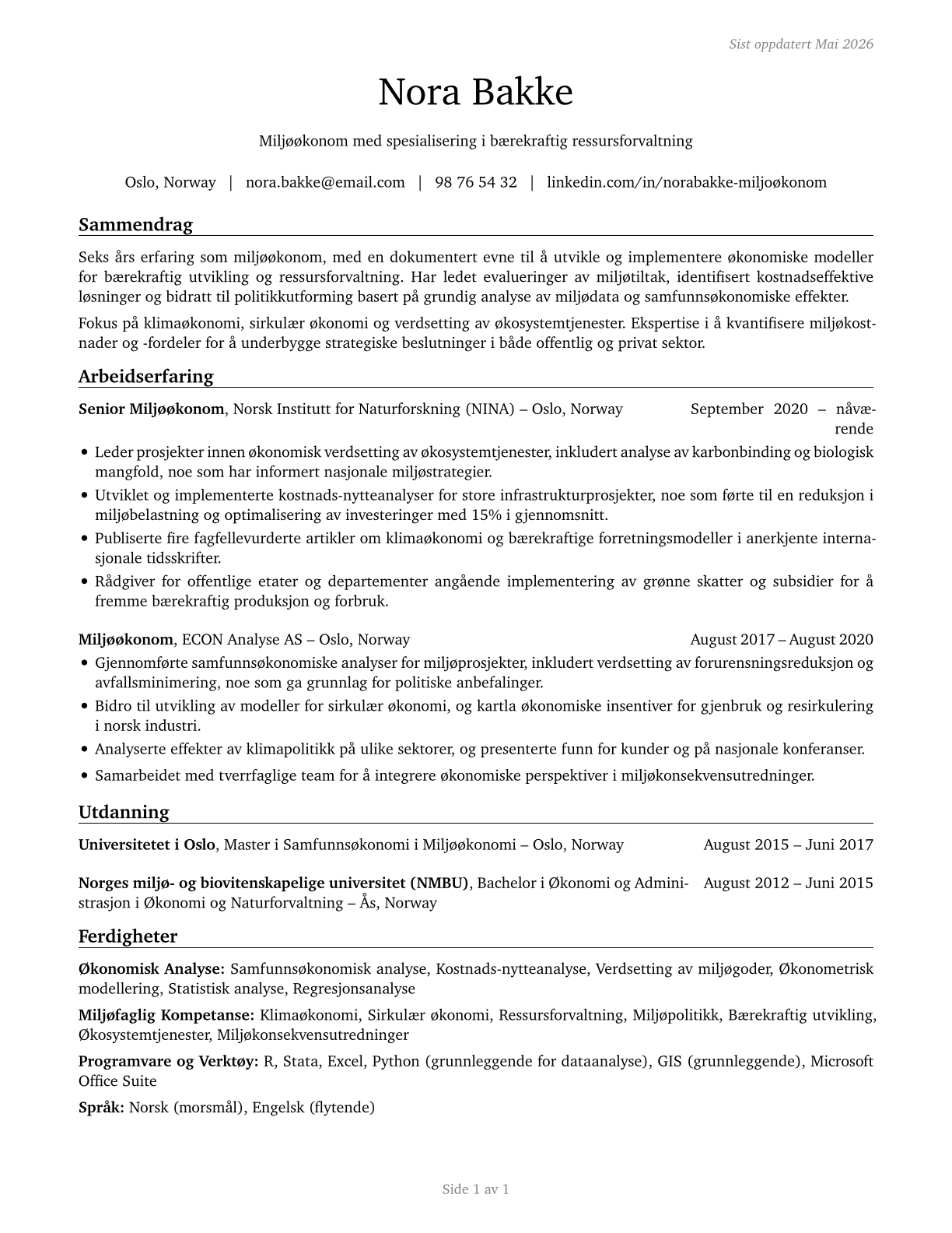 Environmental Economists CV in Norwegian_bokmal — page 1