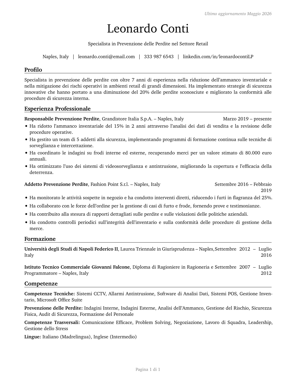 Retail Loss Prevention Specialists CV in Italian — page 1